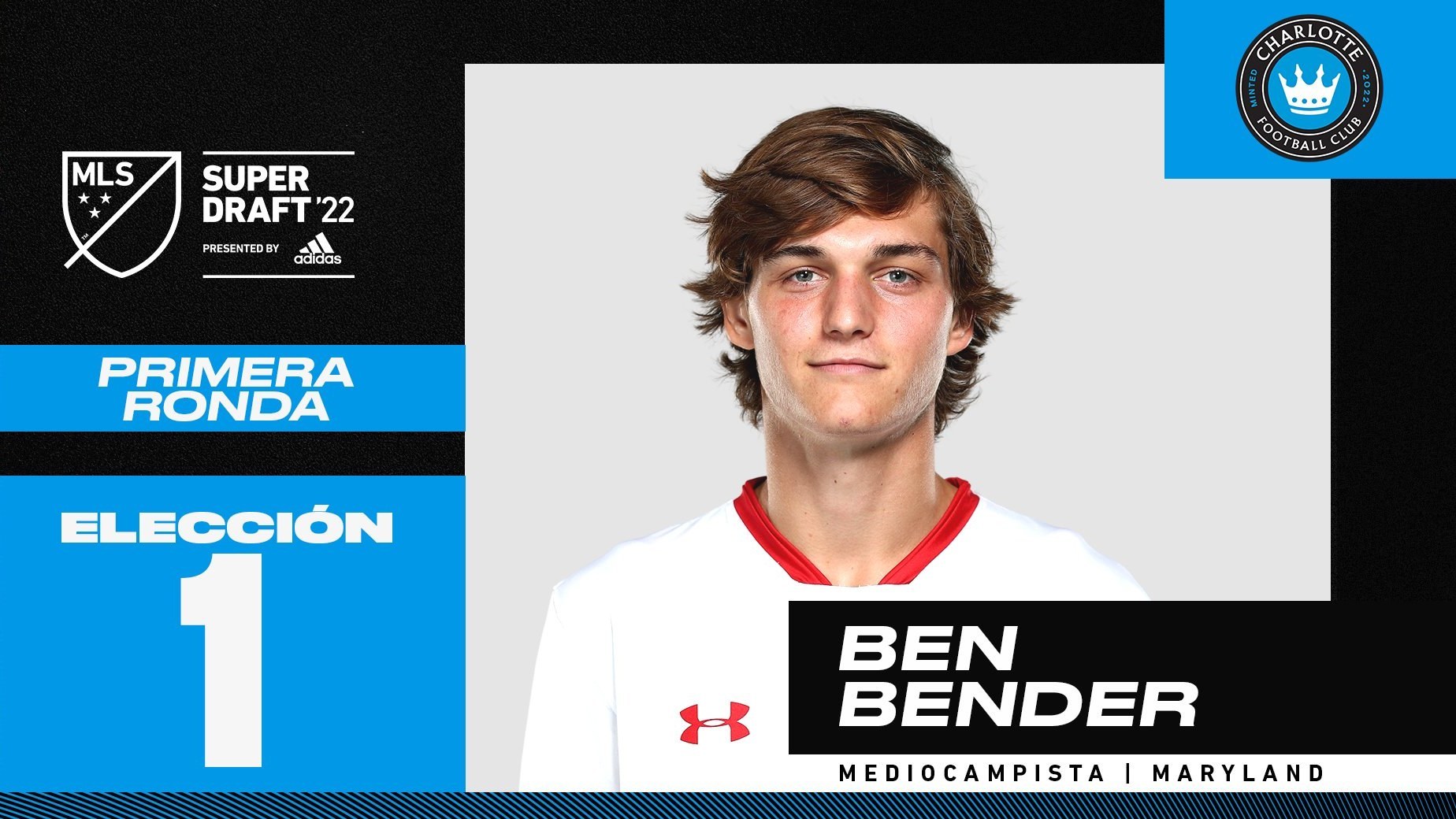 Charlotte FC select Midfielder Ben Bender, Maryland with first overall pick  in MLS SuperDraft 2022 pres. by adidas