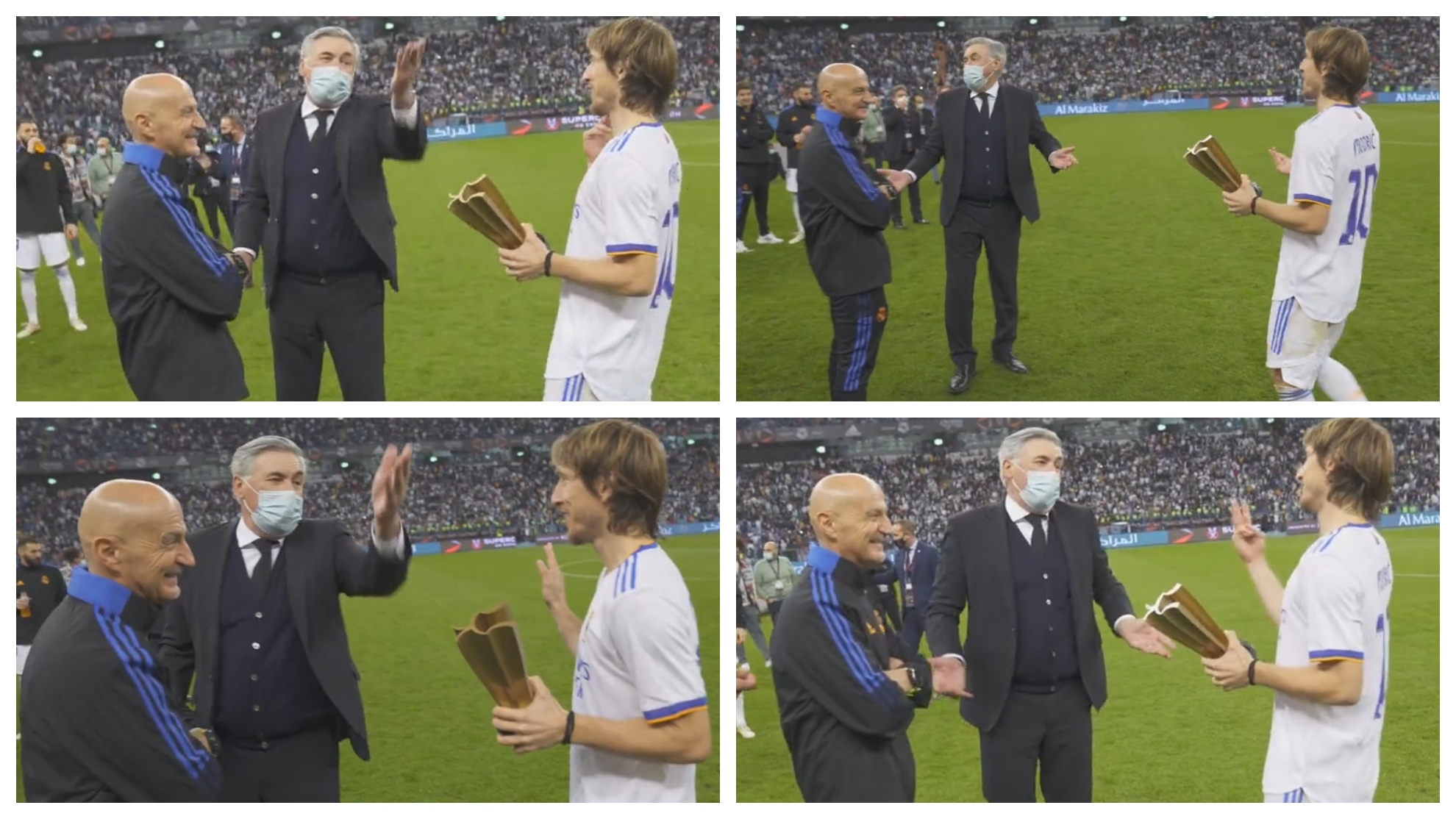 El simpático vacile de Ancelotti a Modric al recoger el MVP en la Final de la Supercopa: "¡Has fallado un pase!"
