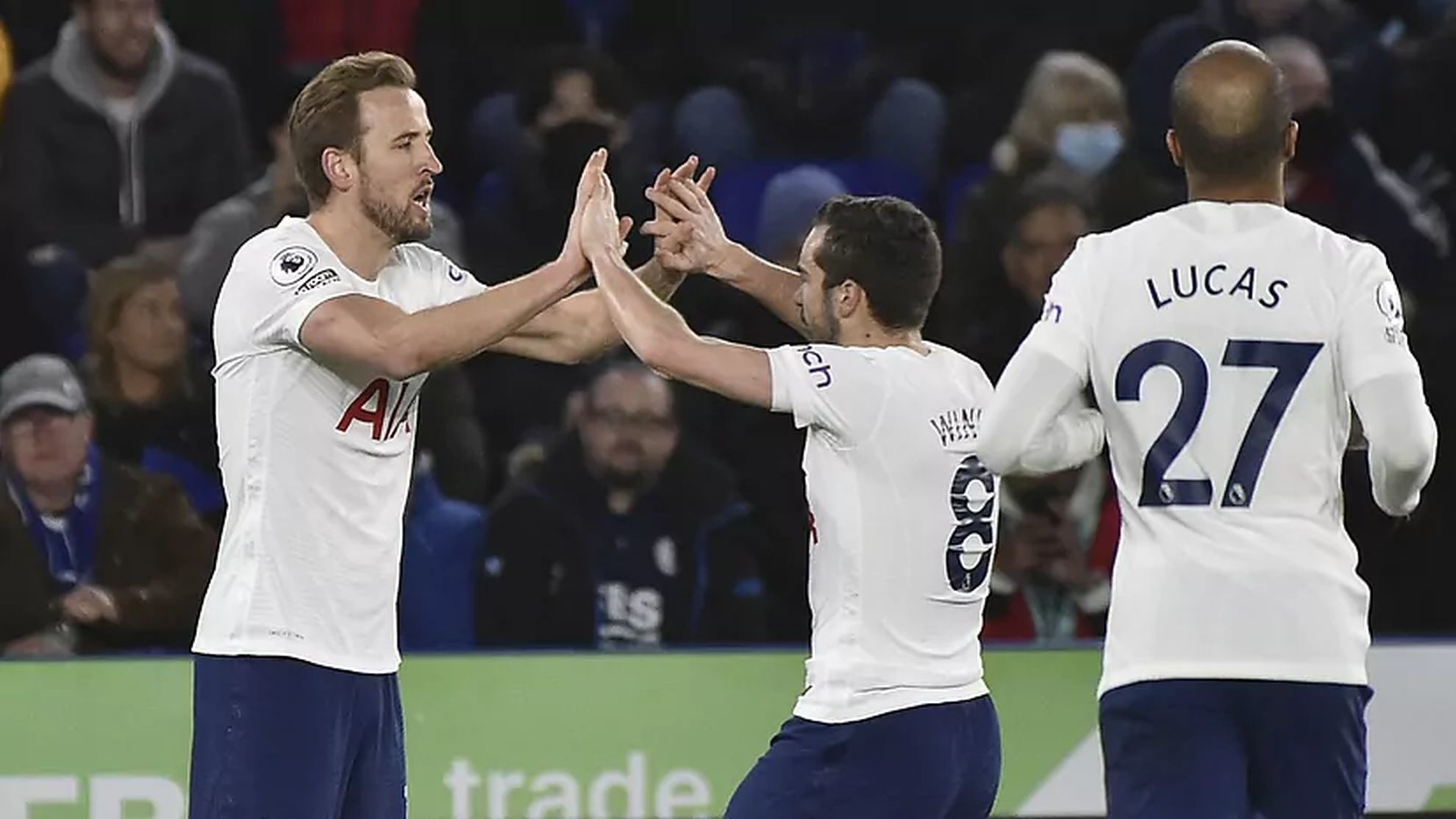 Tottenham celebrate a goal during their comeback win over Leicester