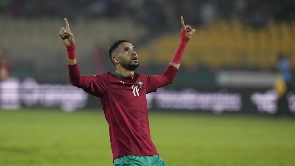 En-Nesyri celebra un gol con Marruecos.