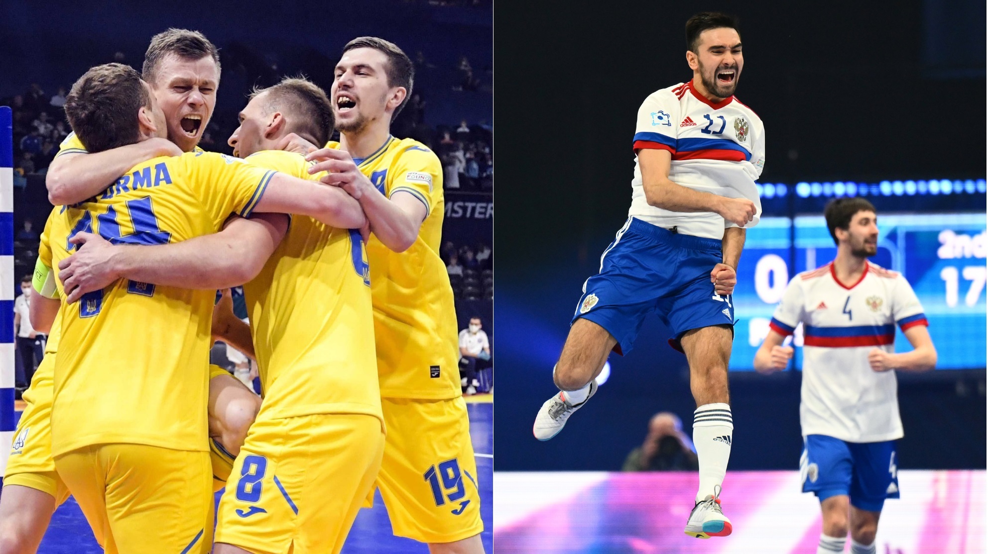 Los jugadores ucranianos y rusos celebran sus goles en los cuartos de final