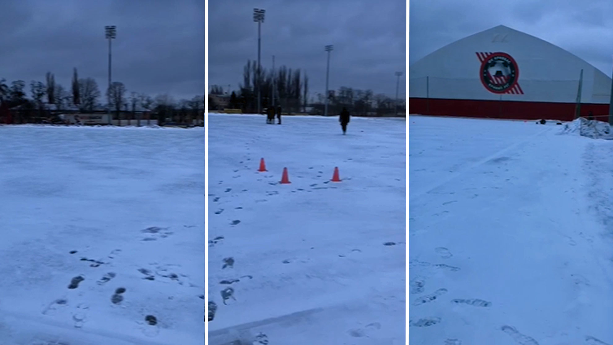 Los campos nevados de la Ciudad Deportiva del FK Kryvbas ya tiene los conos antes de un entrenamiento