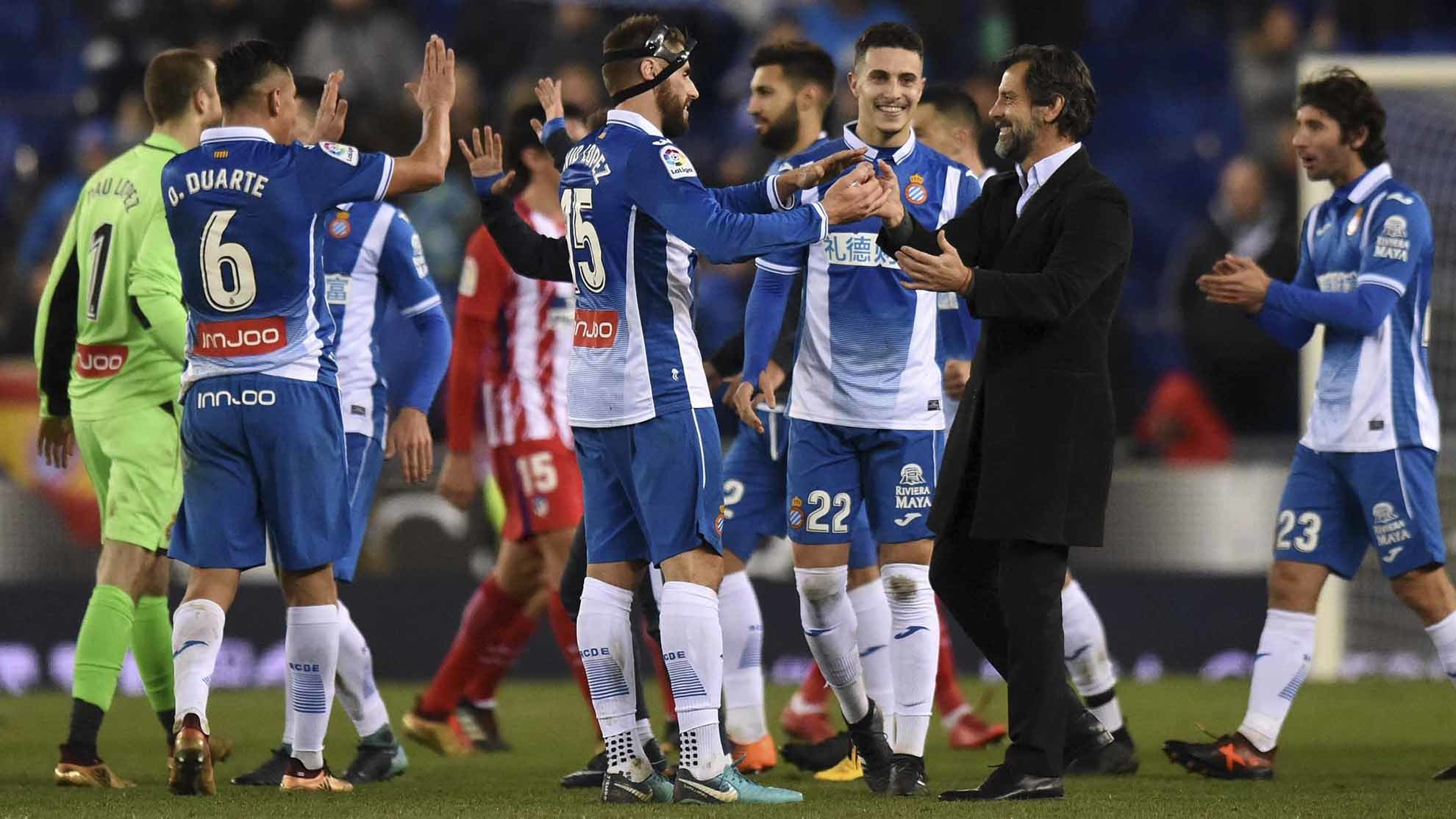 Quique Sánchez-Flores celebra el triunfo con el Espanyol en su último duelo ante el Atlético.