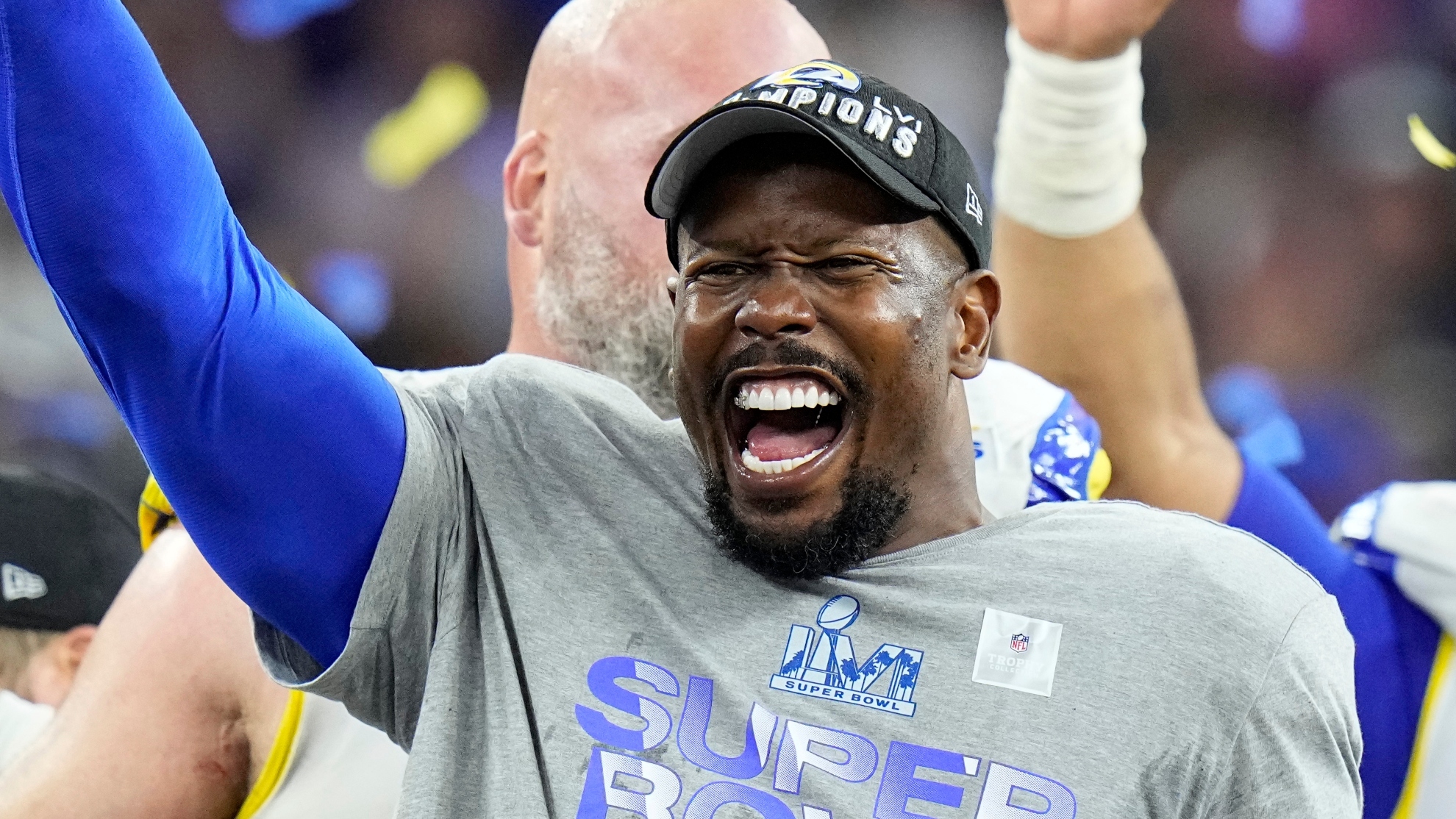 Los Angeles Rams outside linebacker Von Miller lifts the the Lombardi Trophy after the Rams defeated the Cincinnati Bengals in the NFL Super Bowl 56