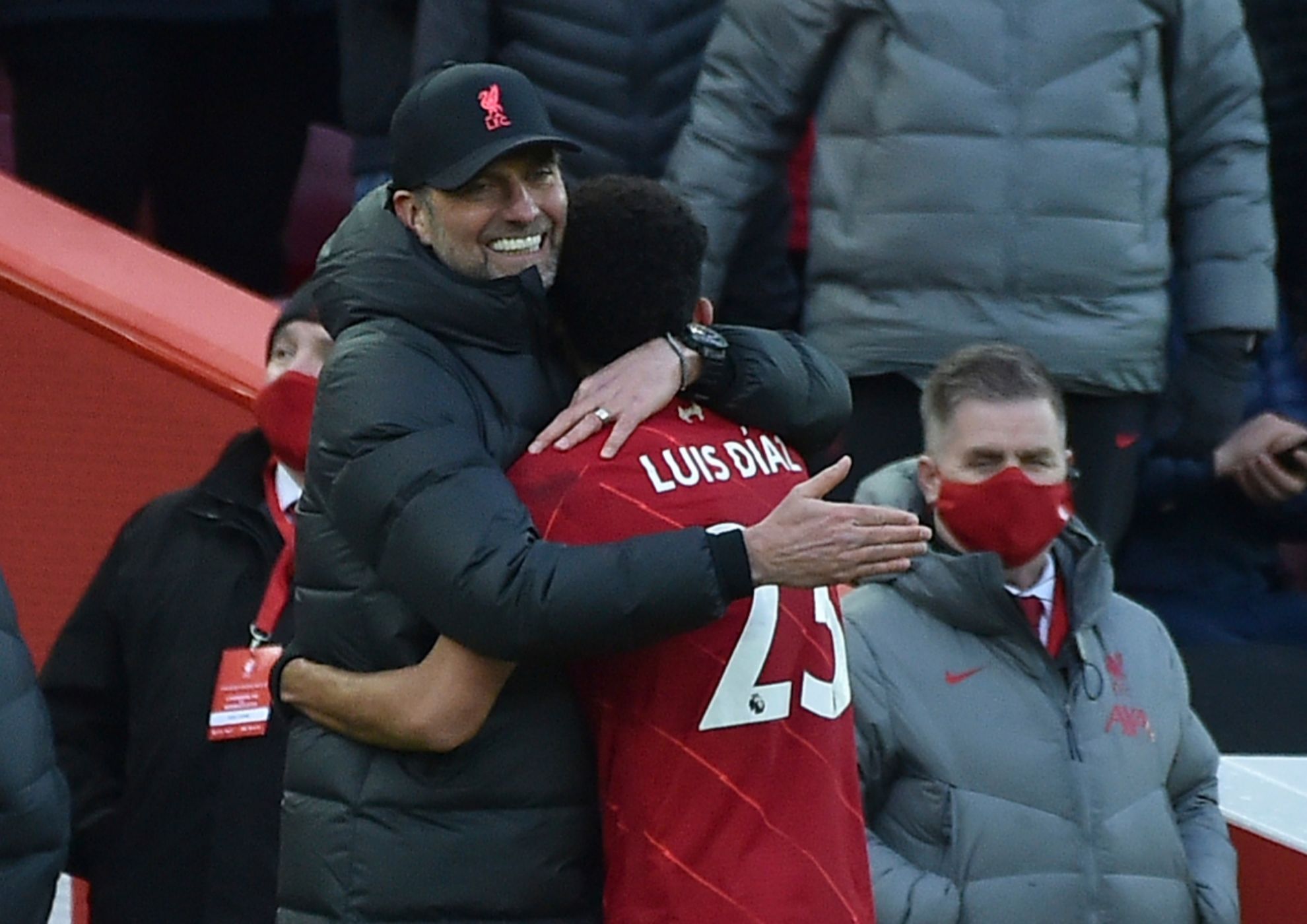 Jurgen Klopp hugs Luis Diaz after he was brought off during Liverpool's win against Norwich City.