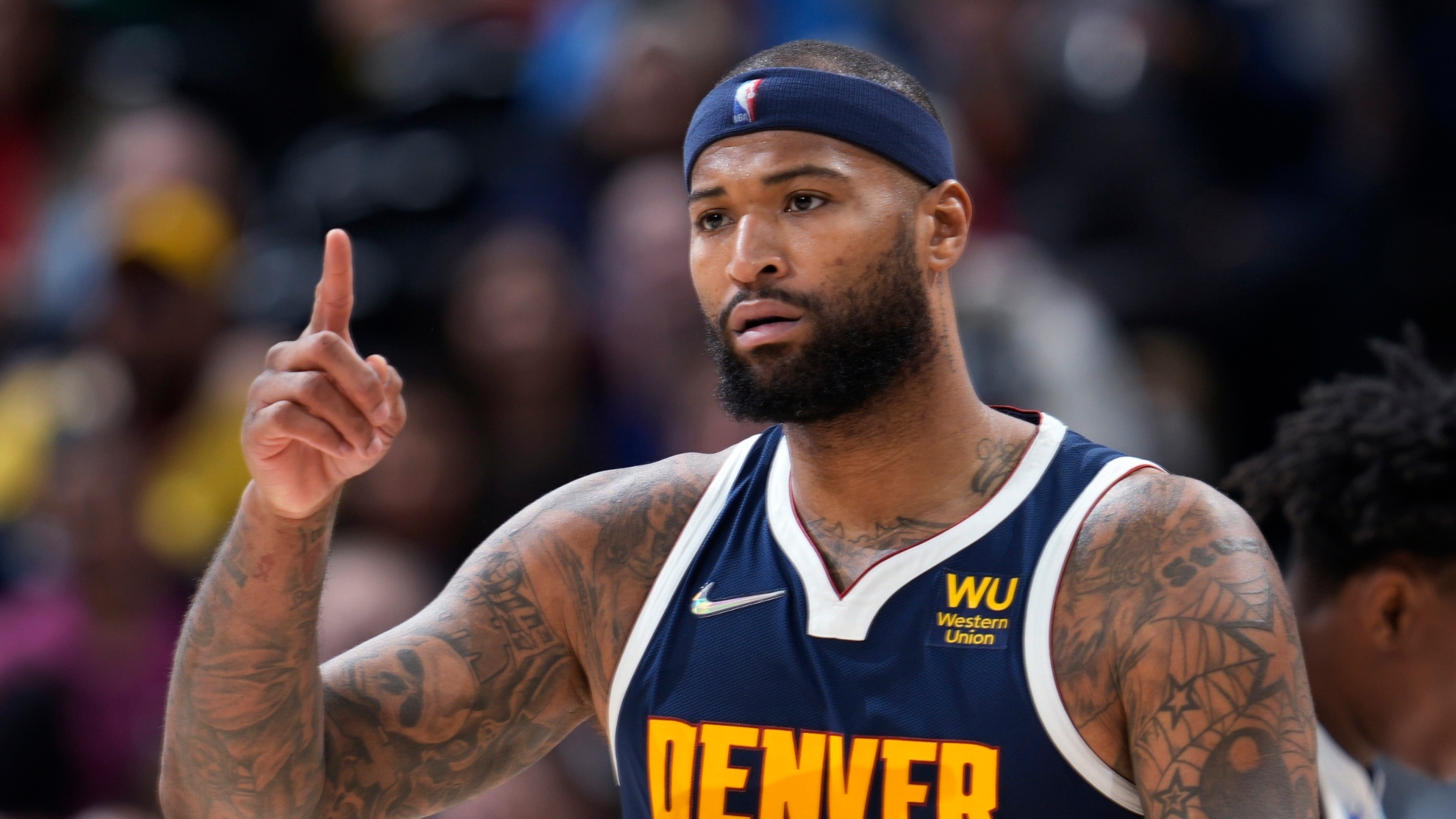 DeMarcus Cousins pointing to his replacement after being subbed out.