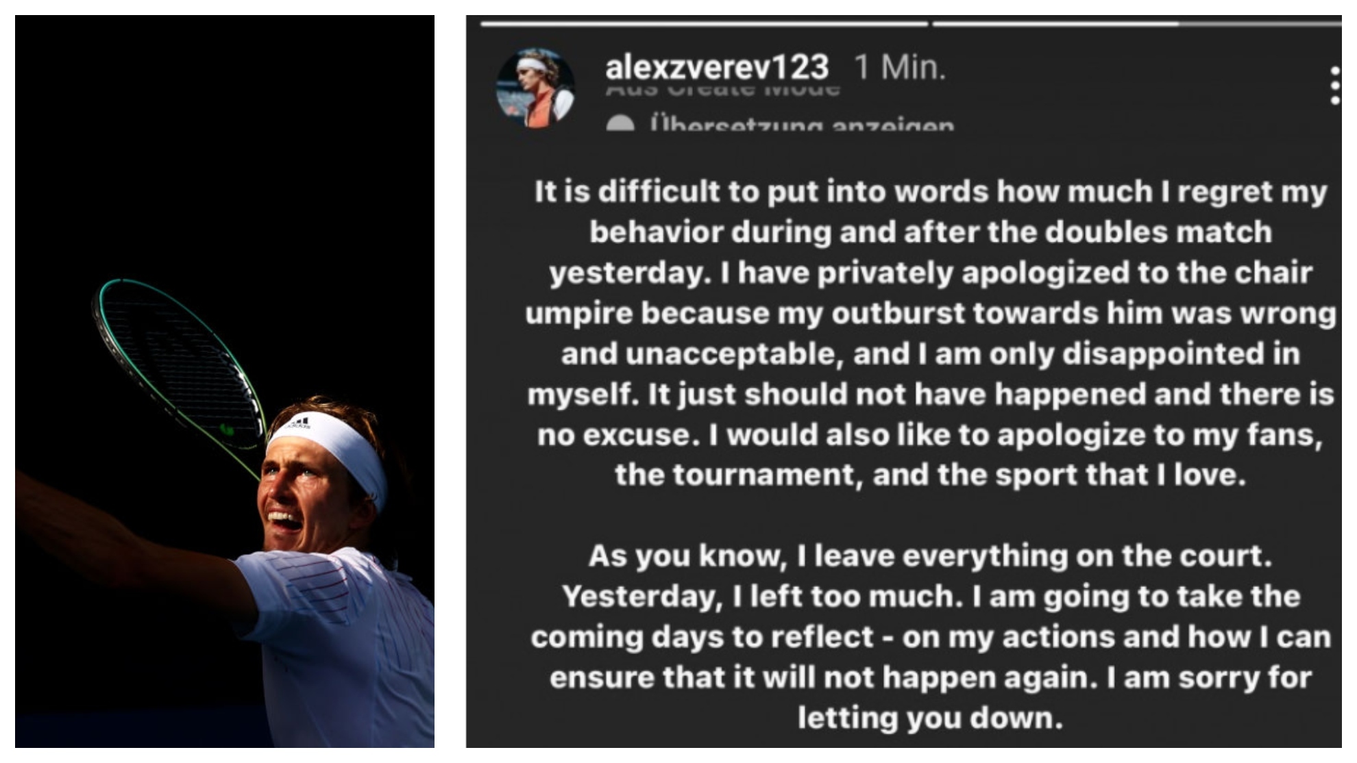 Zverev se disculpa en sus redes sociales