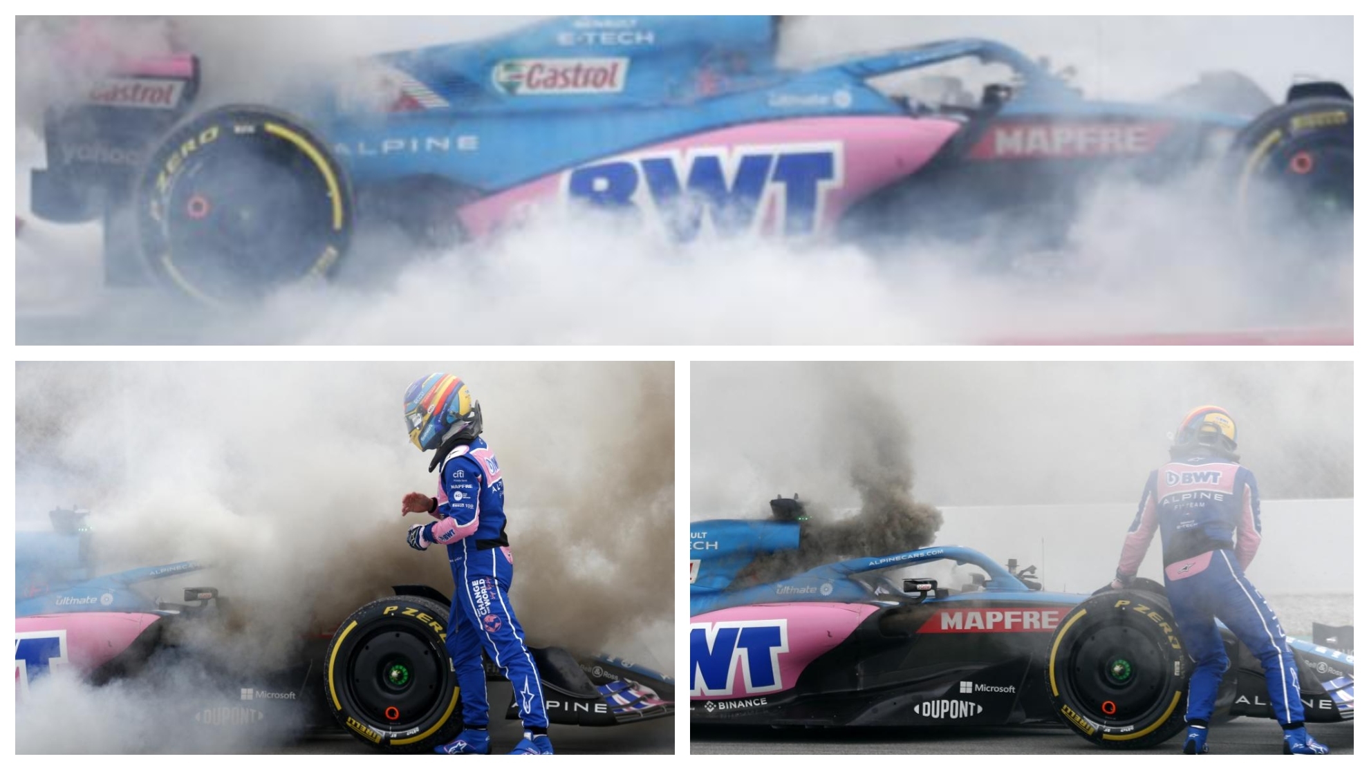 Aquí puedes ver el impresionate humo que desprendía el A522 de Alonso.