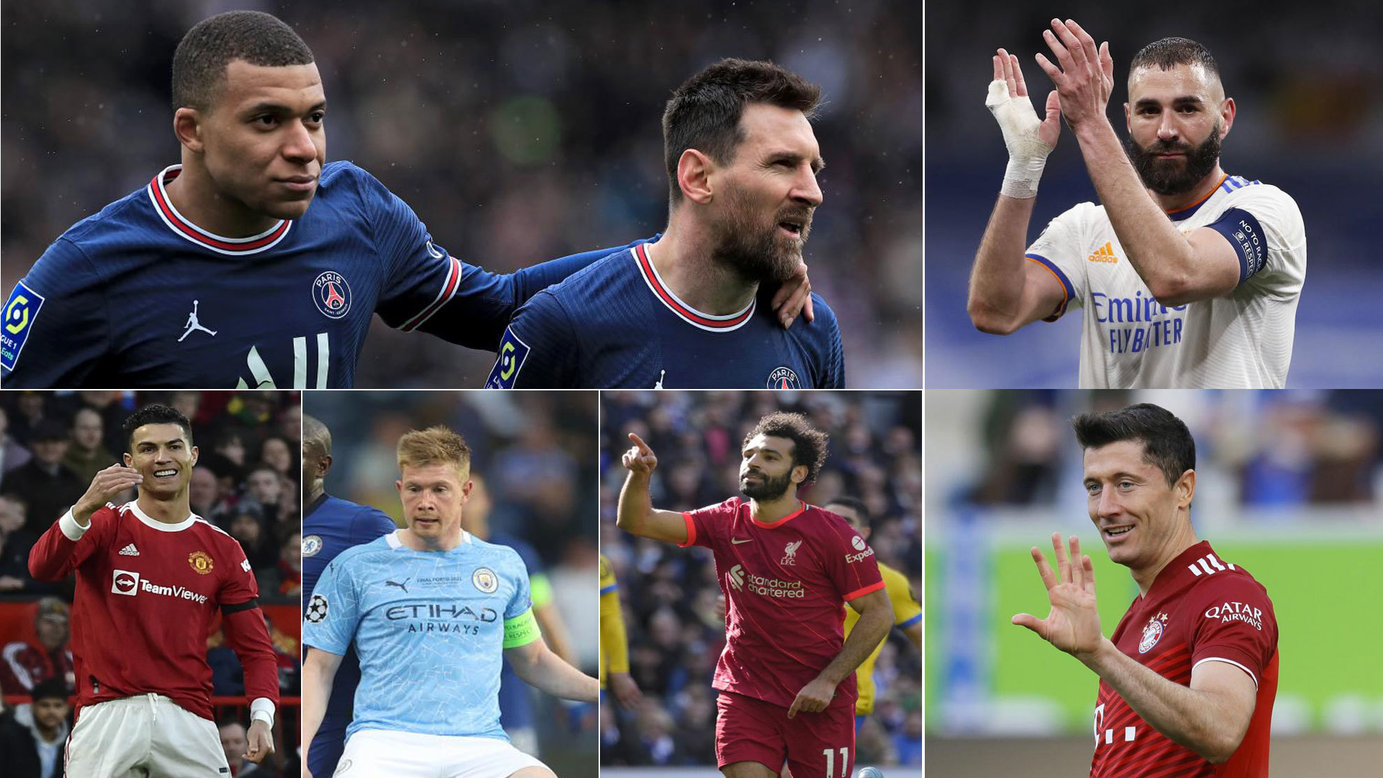 Mbappé, Messi, Benzema, Cristiano, De Bruyne, Salah y Lewandowski.