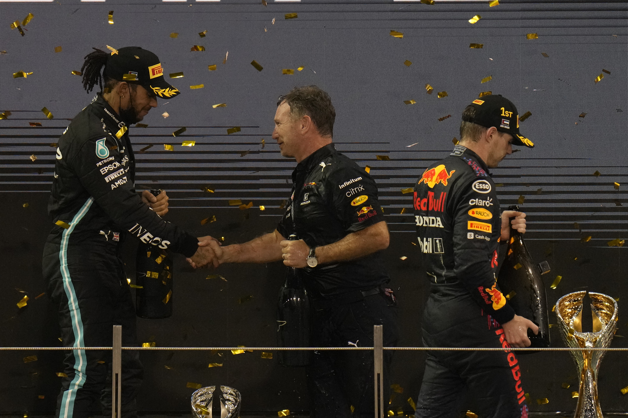 Horner with Hamilton and Verstappen
