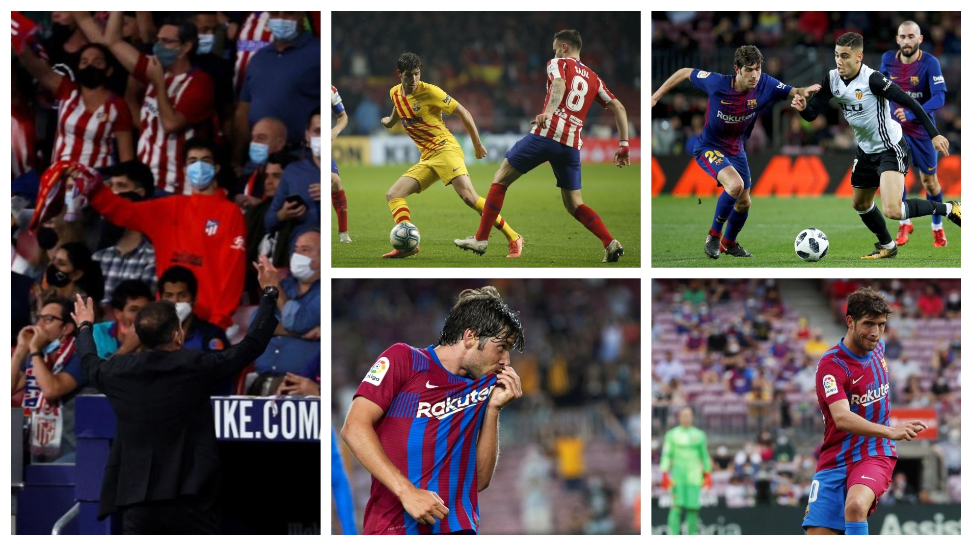 Simeone y distintas imágenes de Sergi Roberto en el Barça.