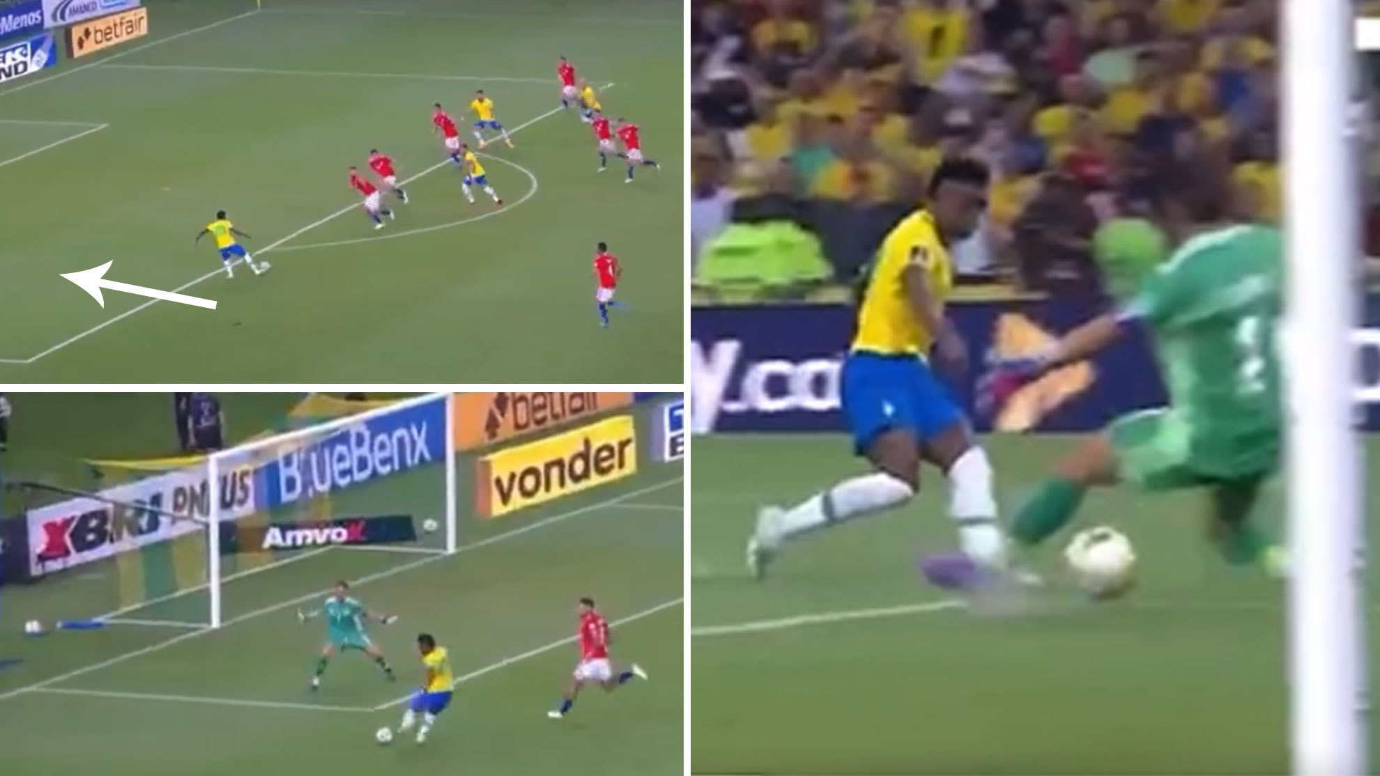 Vinicius por fin golea con Brasil: gran control orientado y definición de zurdas bajo las piernas de Bravo