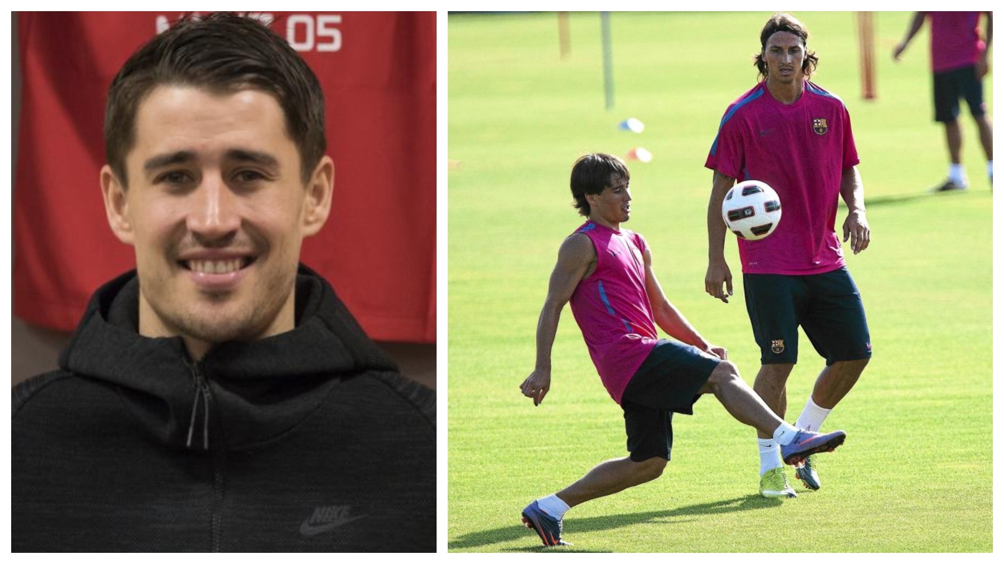Un montaje con una imagen de Bojan y otra de él con Ibrahimovic en un entrenamiento del Barcelona.