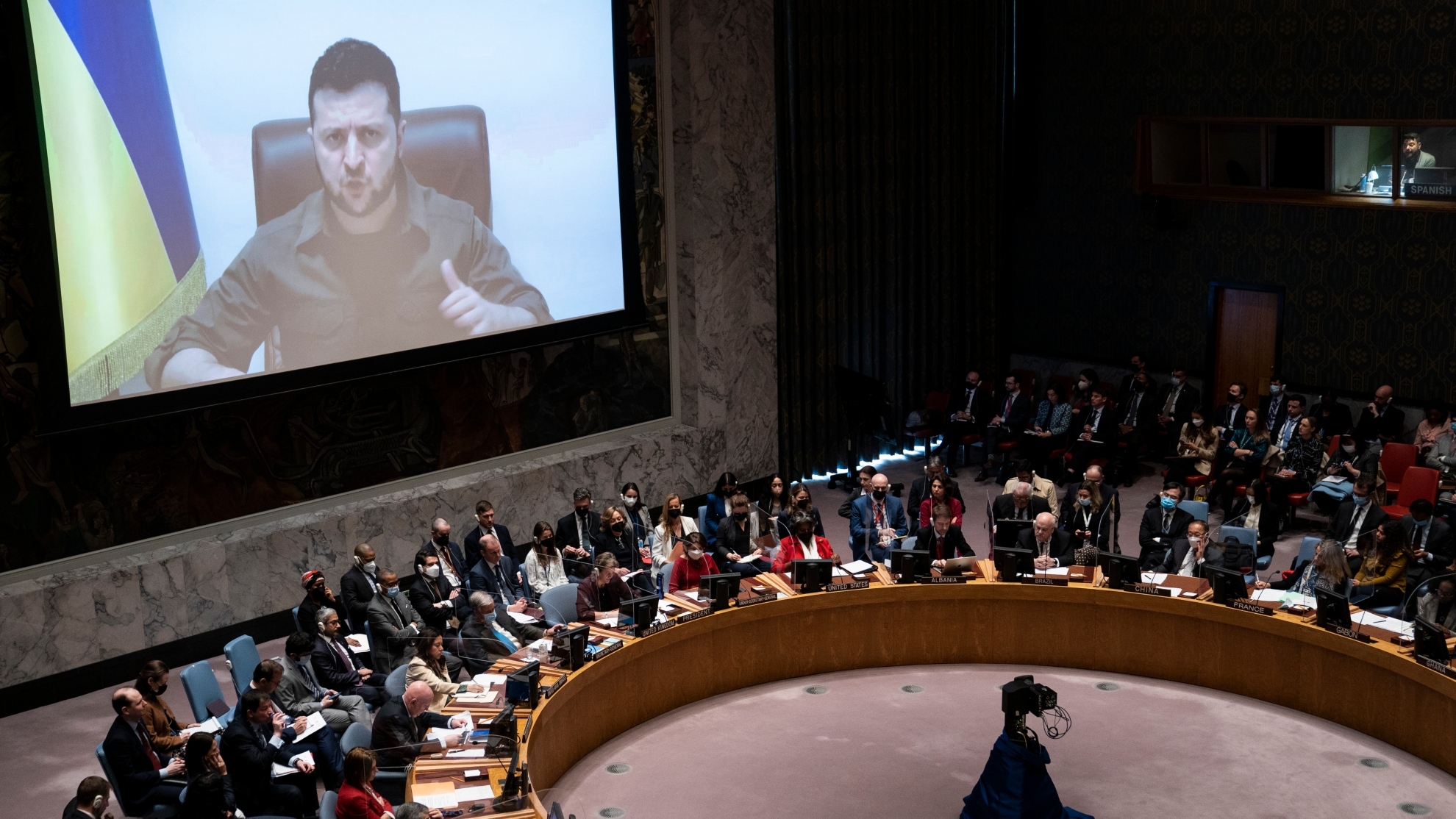 Ukrainian President Volodymyr Zelenskyy speaks via remote feed during a meeting of the UN Security Council