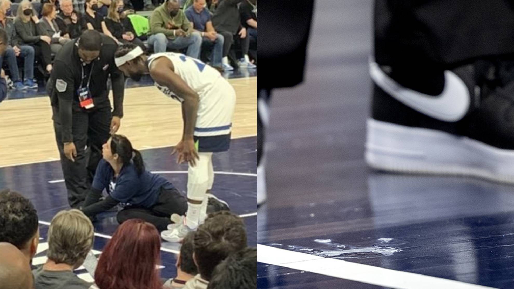 Surreal scene in the NBA: Fan tries to glue herself to the floor in protest.