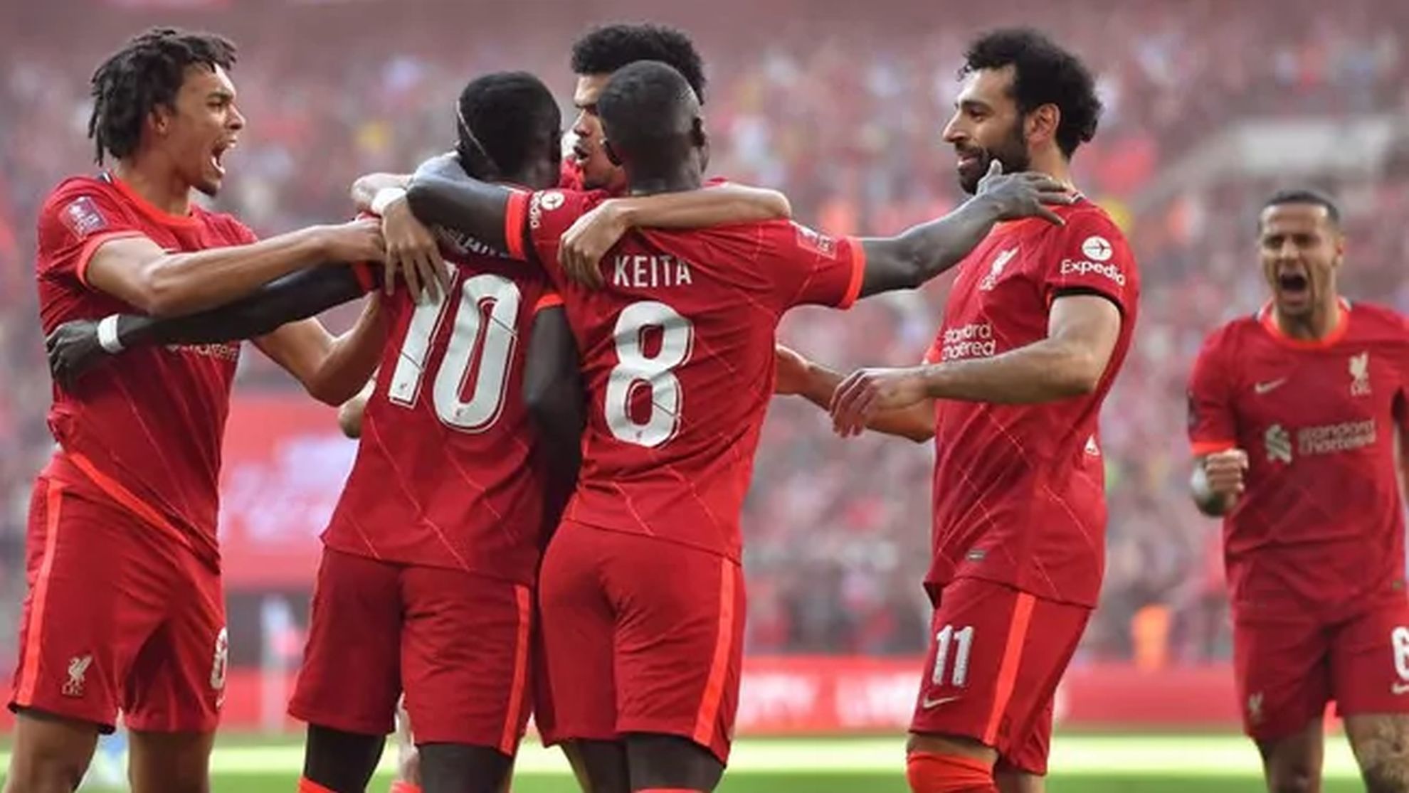 Liverpool celebrate in their FA Cup semi-final vs Manchester City