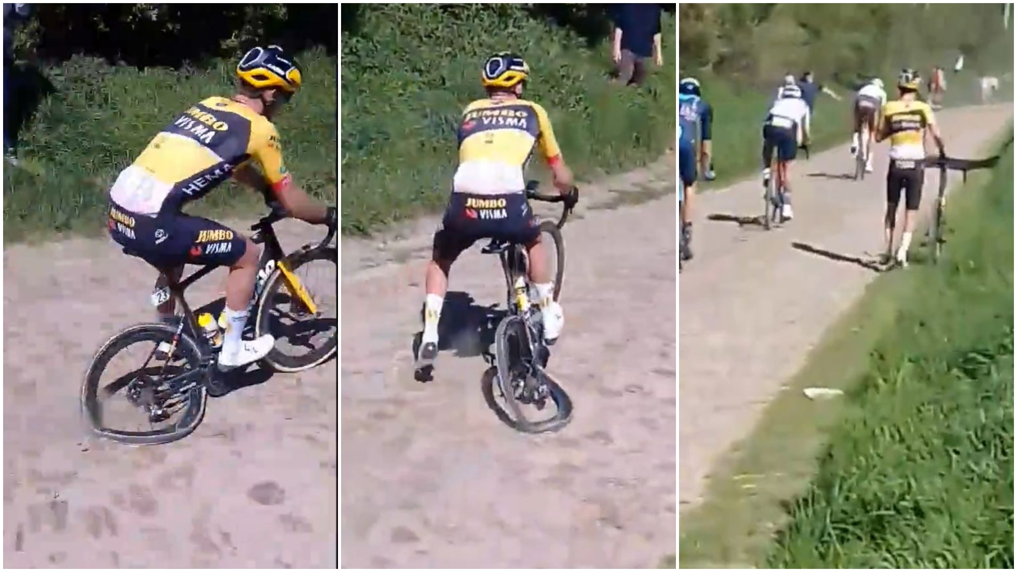 ¿Pero qué le pasó?  ¡Así se le 'empequeñeció' la rueda a Laporte en pleno pavés de la Paris Roubaix!