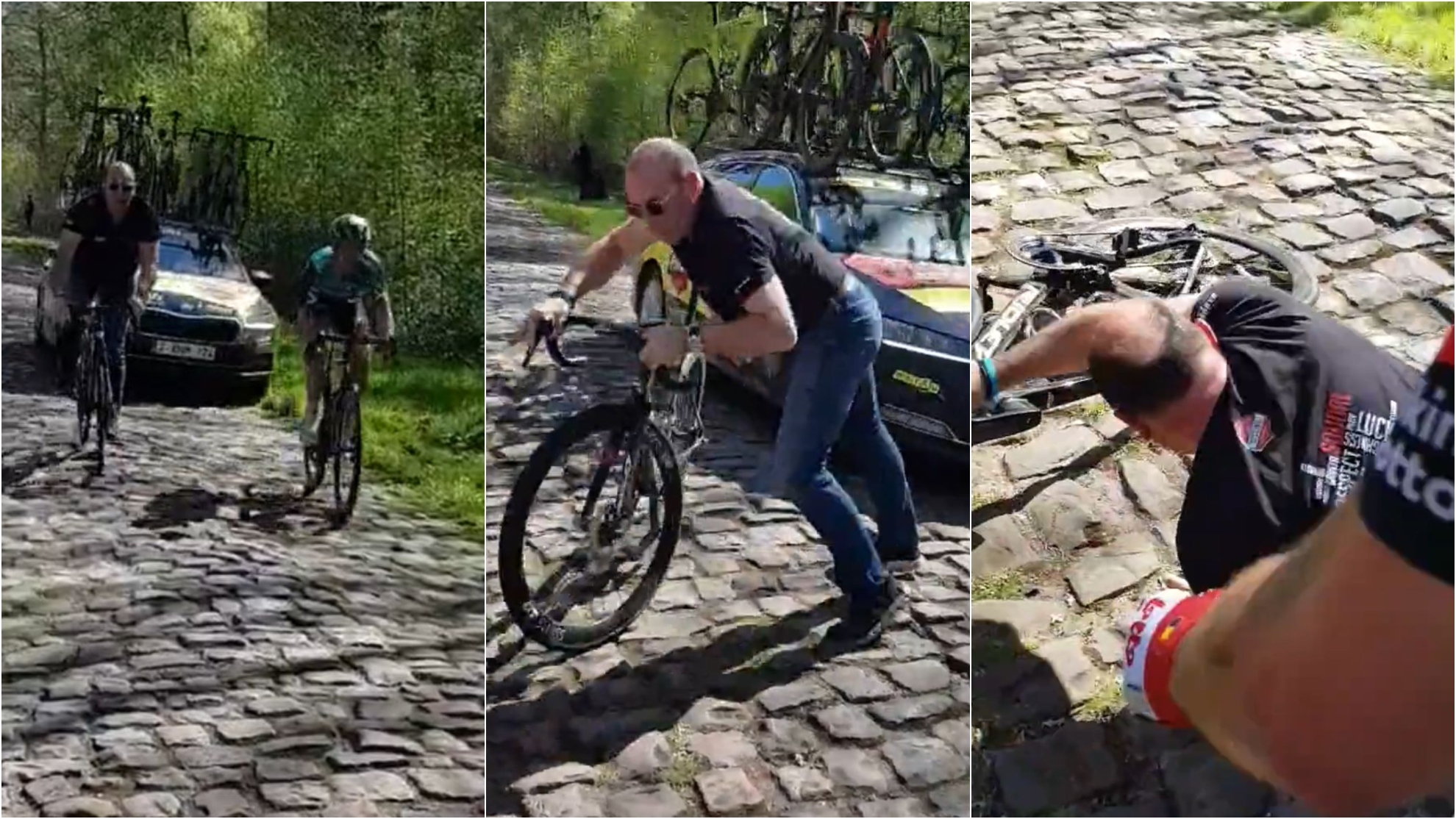 La Paris Roubaix no sólo es un infierno para los ciclistas: ¡Vaya mala 'pata' en la transición!