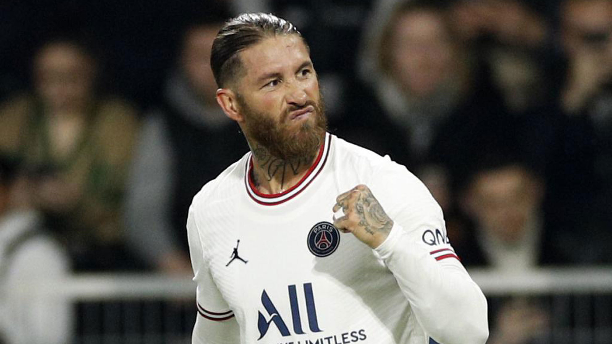 Sergio Ramos celebra su gol al Angers.