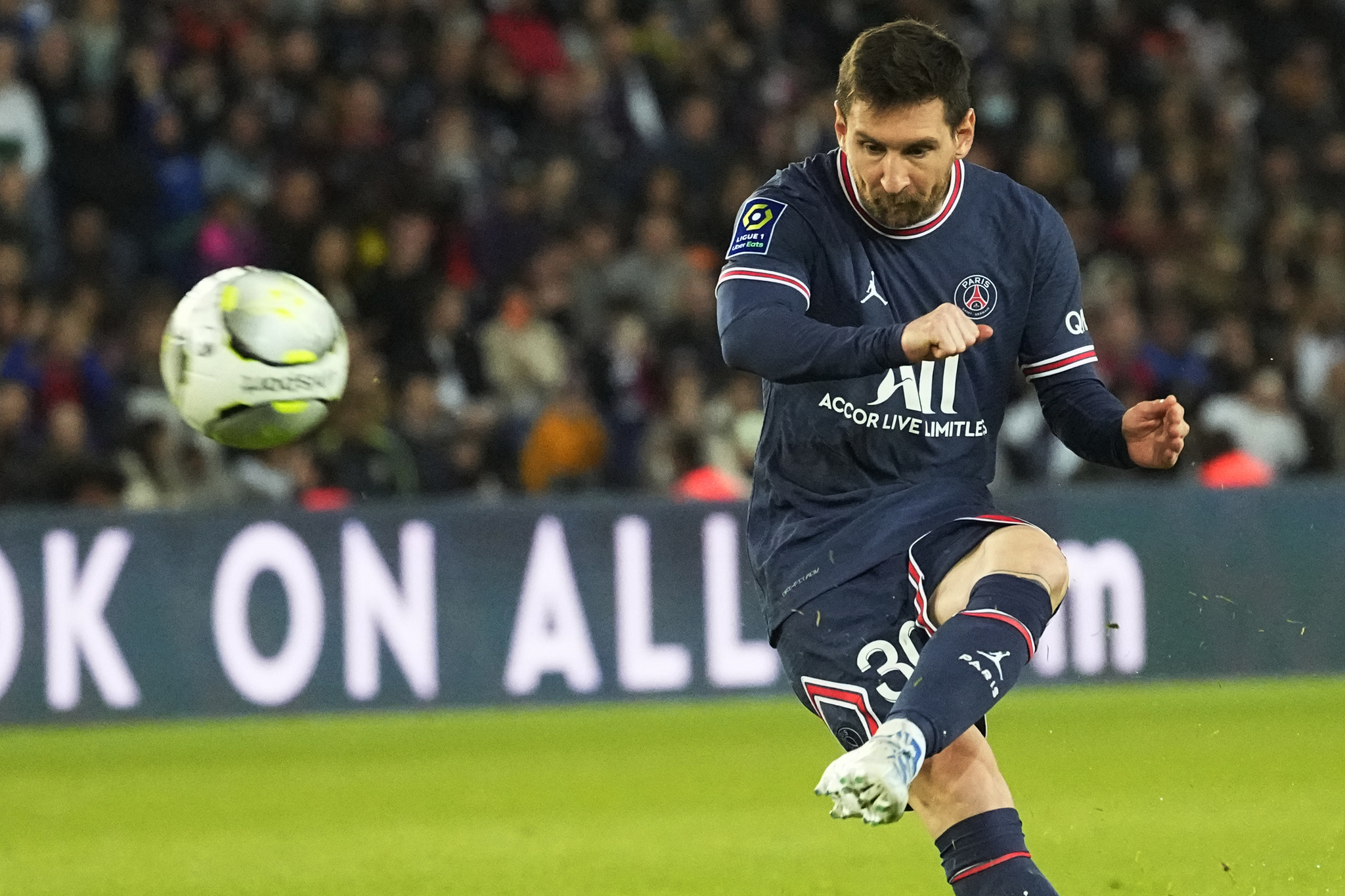 PSG's Lionel Messi shots a free kick.
