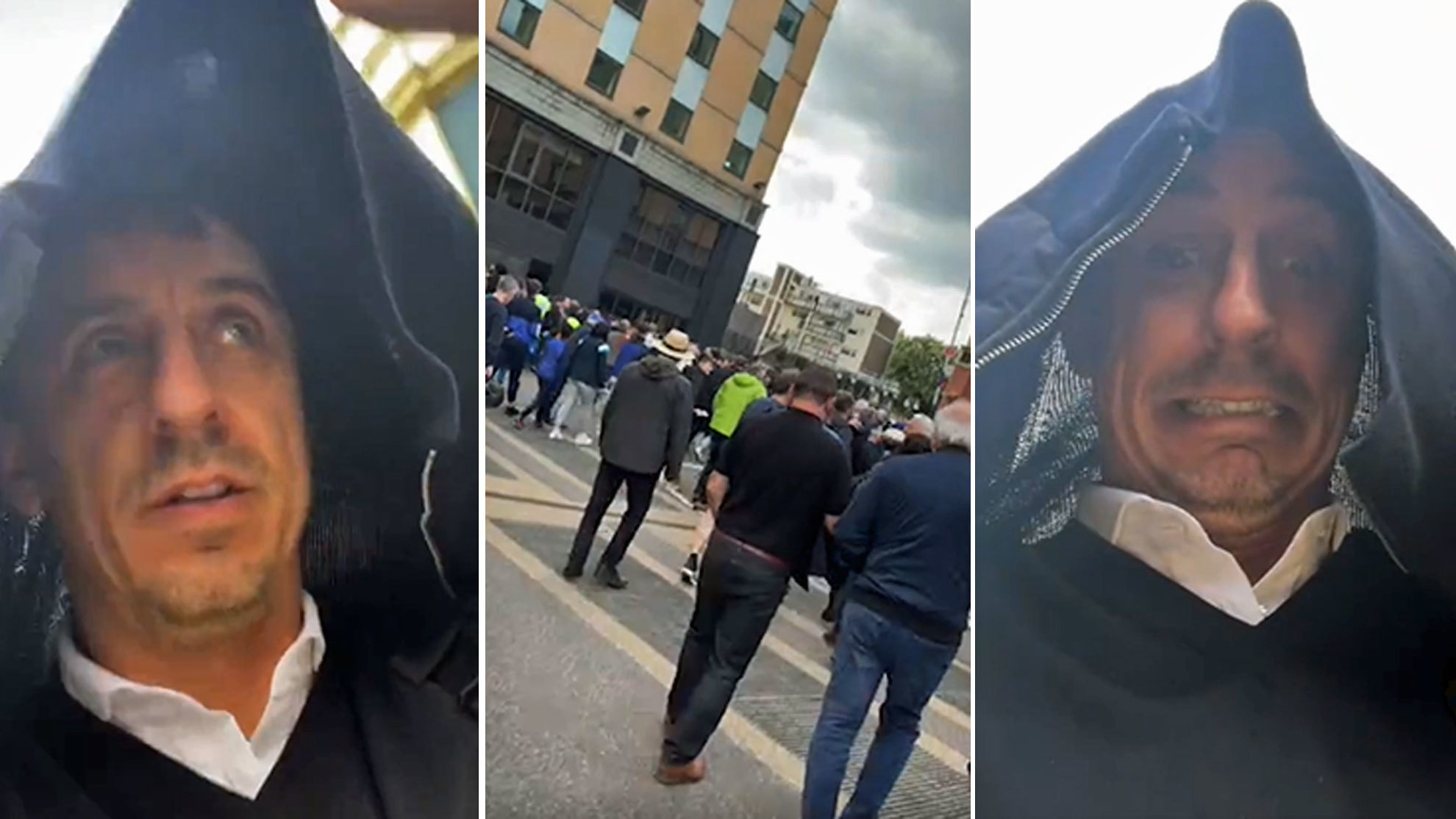 Why was Gary Neville fleeing Stamford Bridge in disguise?