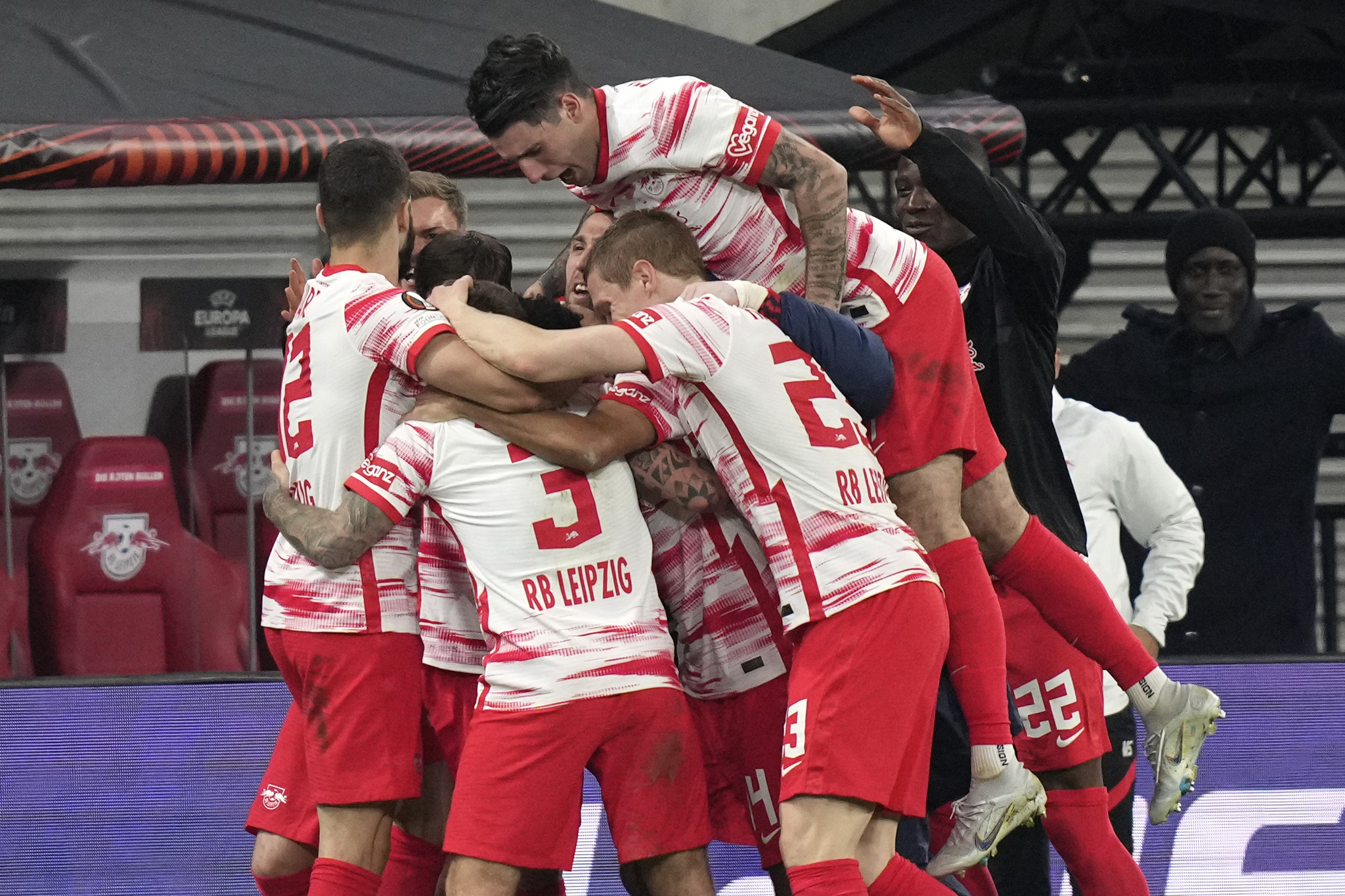 Leipzig's Angelino celebrates with teammates