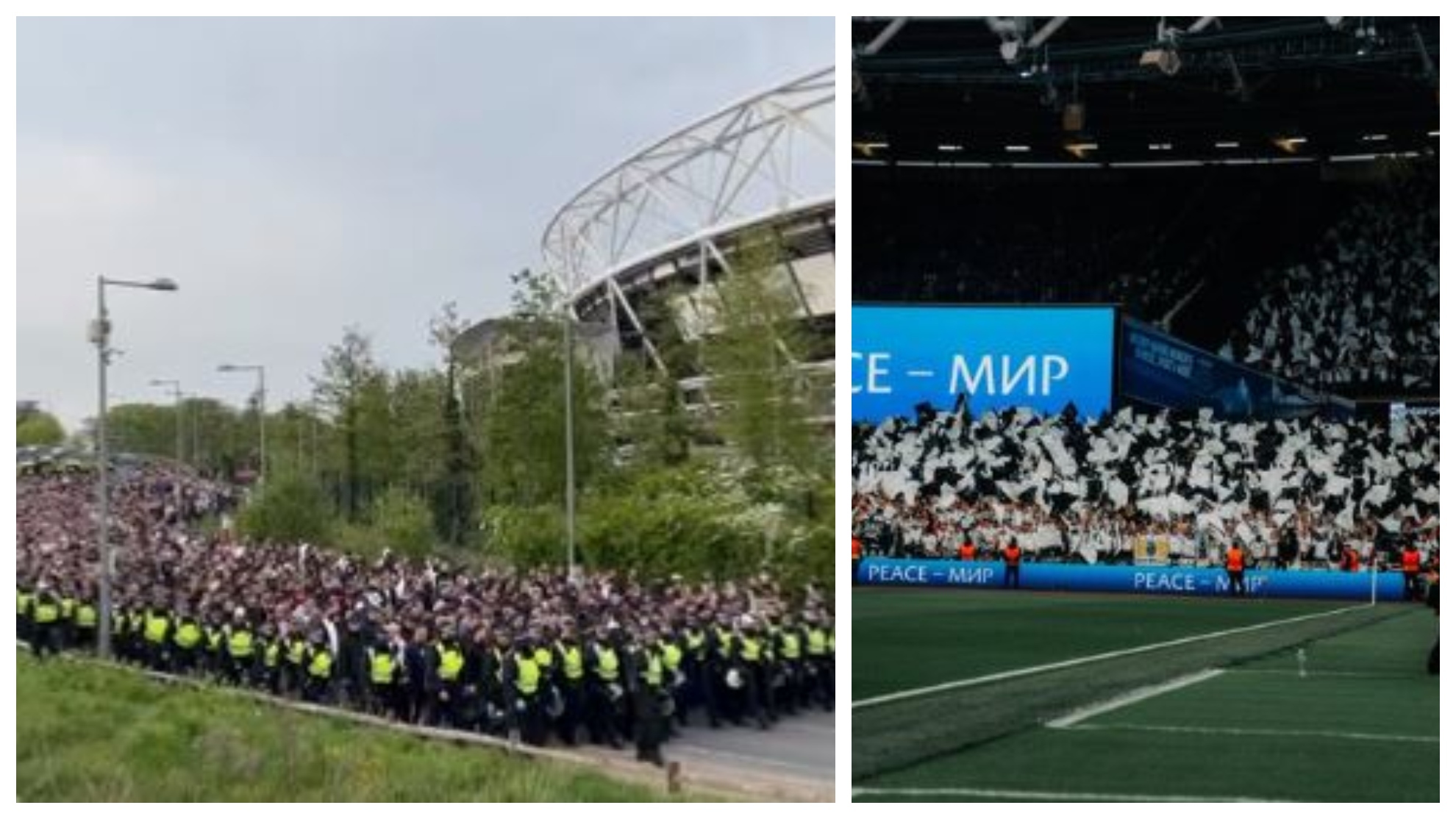 Un montaje con una imagen de la llegada al estadio de los aficionados del Eintracht y otra de los seguidores en la grada.
