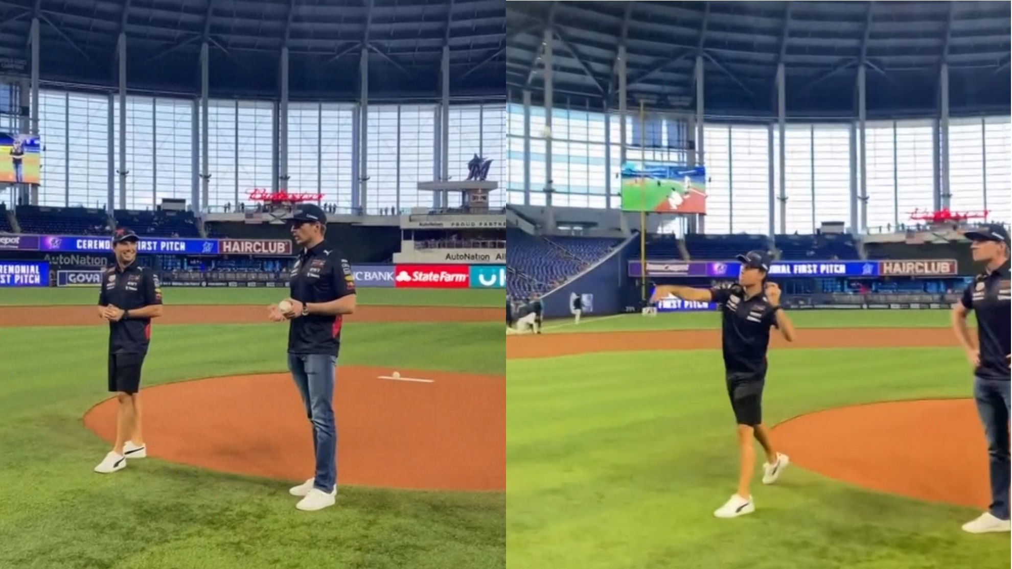 Verstappen and Perez throw out first pitch at Marlins game.