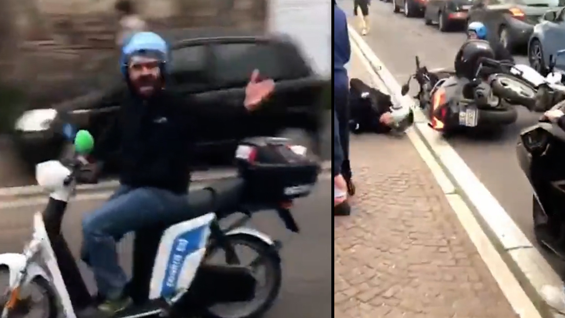Un aficionado de la Roma provoca a los del Leicester desde su moto... ¡y se estampa contra un coche!