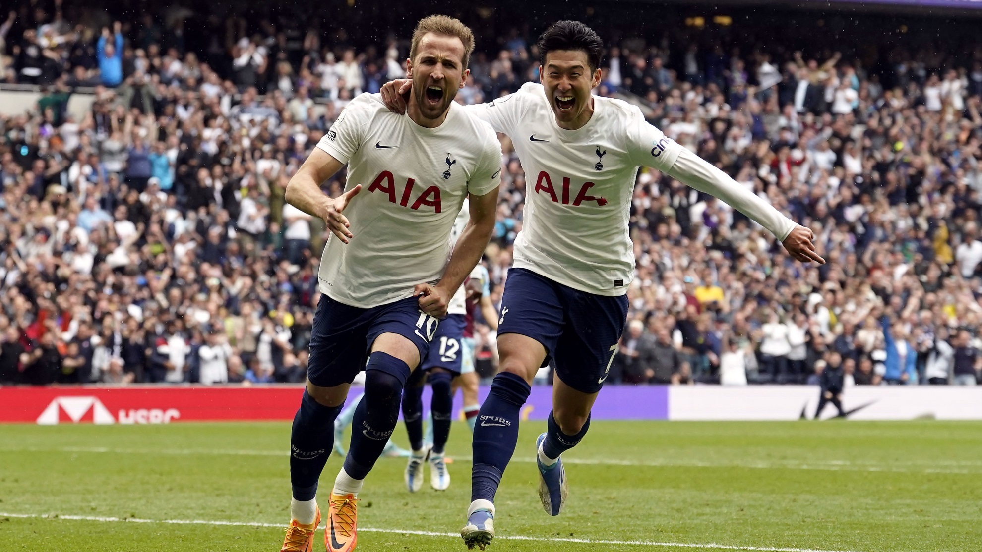 Harry Kane, celebrates scoring during the English Premier League soccer match between Tottenham and Burnley.