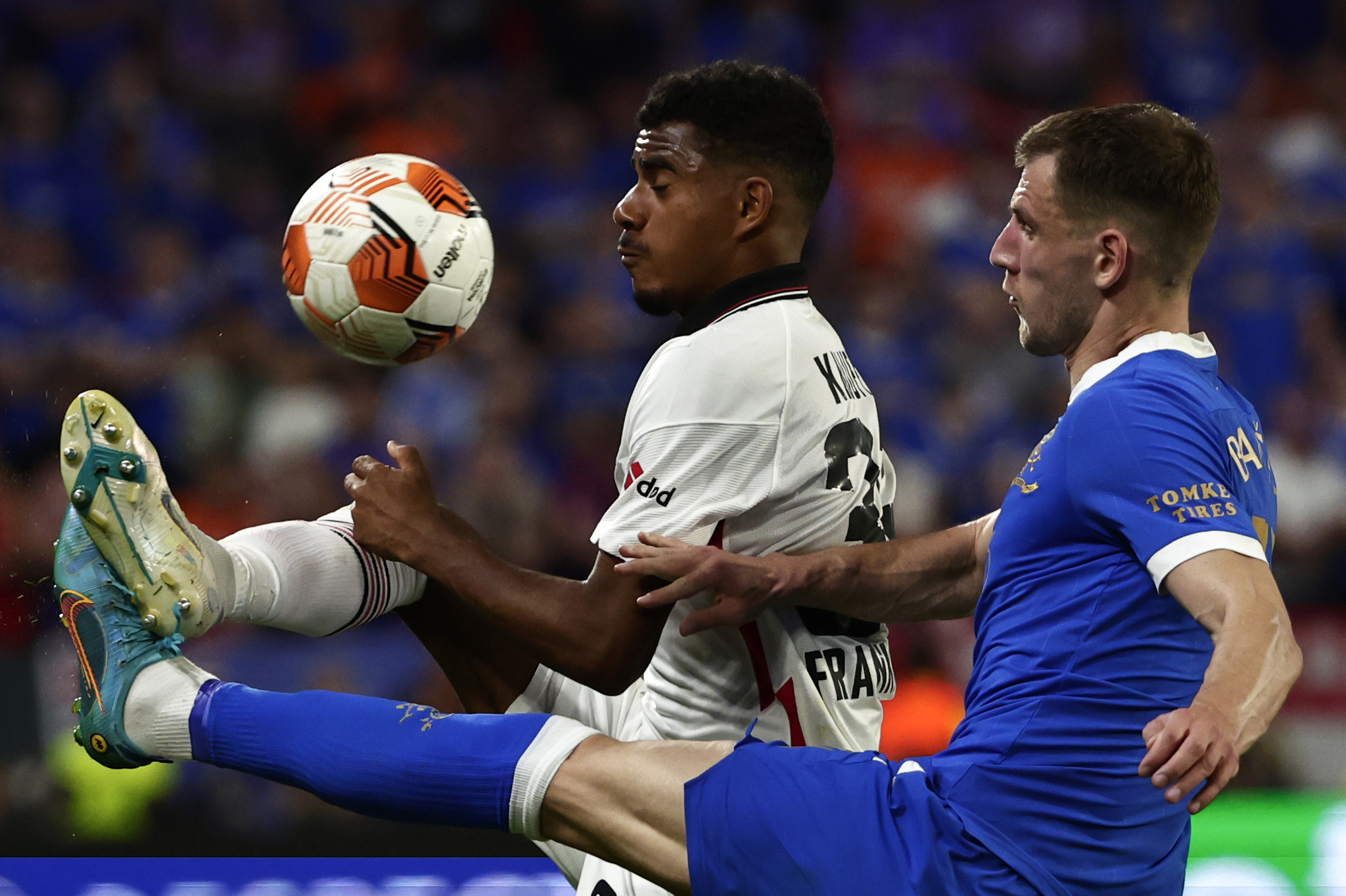 Rangers' Borna Barisic challenges Frankfurt's Ansgar Knauff