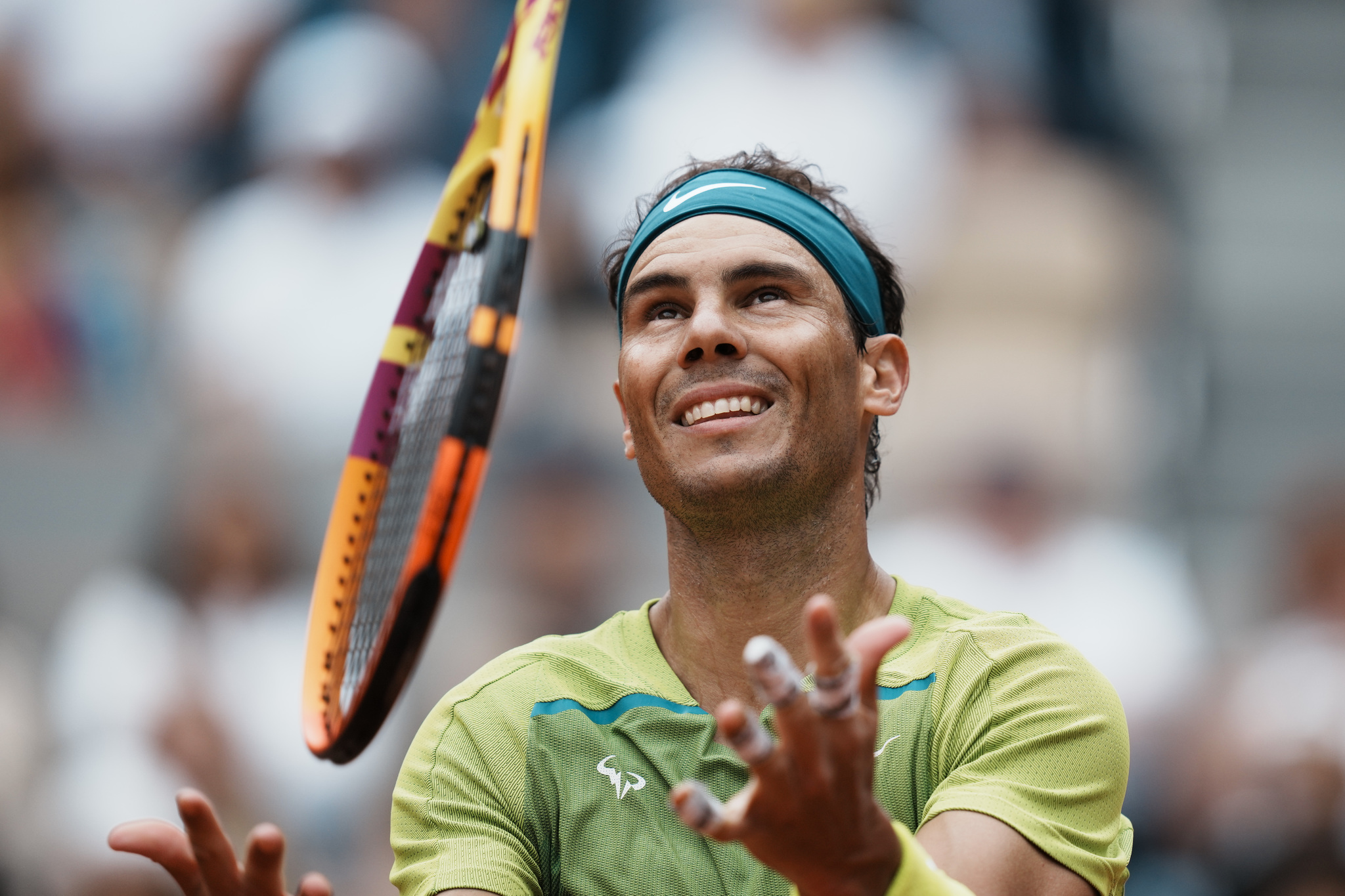 Spain's Rafael  lt;HIT gt;Nadal lt;/HIT gt; juggles with his racket during his first round match against Australia's Jordan Thompson at the French Open tennis tournament in Roland Garros stadium in Paris, France, Monday, May 23, 2022. (AP Photo/Thibault Camus)