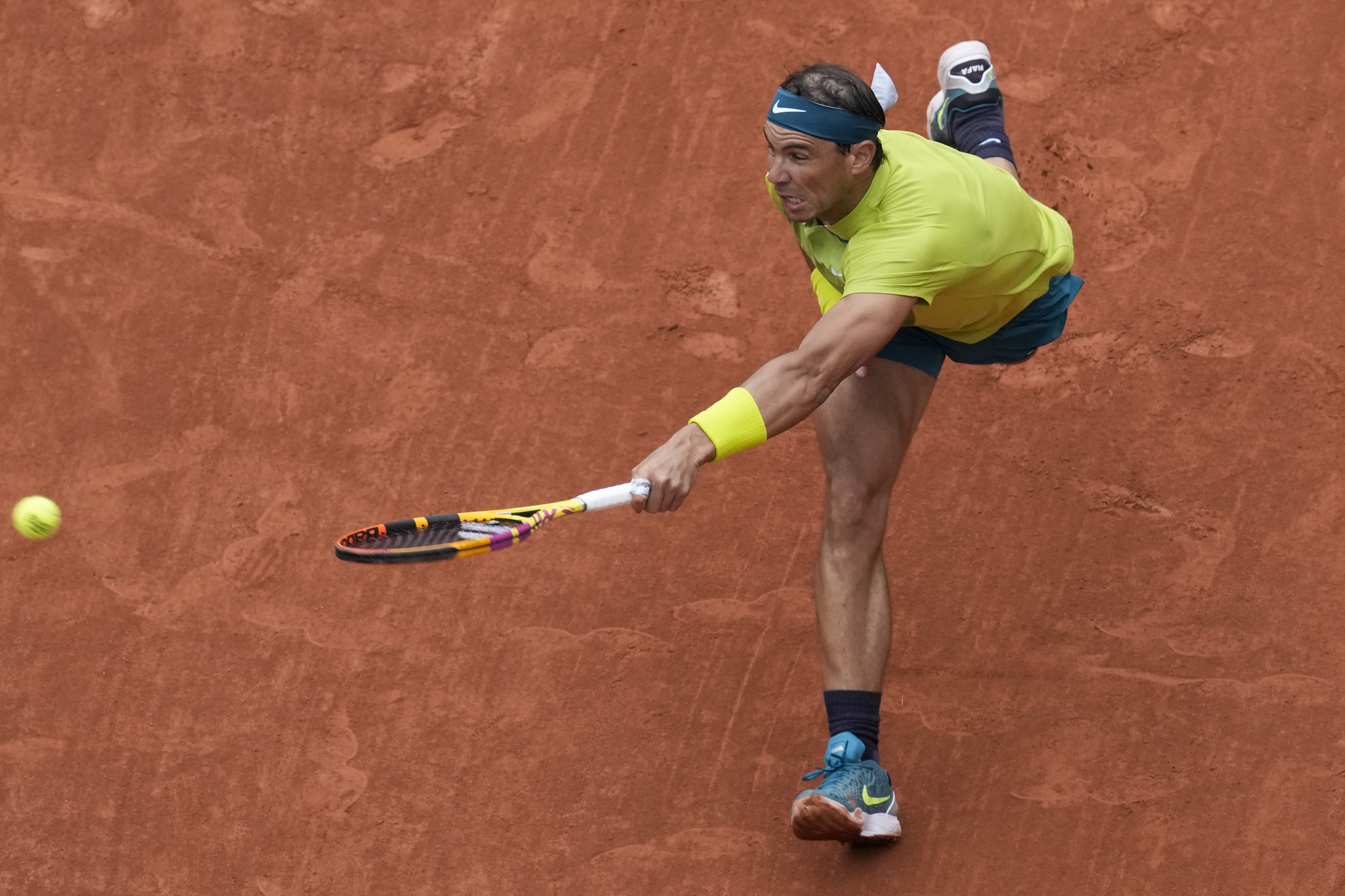Spain's Rafael  lt;HIT gt;Nadal lt;/HIT gt; plays a shot against Australia's Jordan Thompson during their first round match at the French Open tennis tournament in Roland Garros stadium in Paris, France, Monday, May 23, 2022. (AP Photo/Christophe Ena)