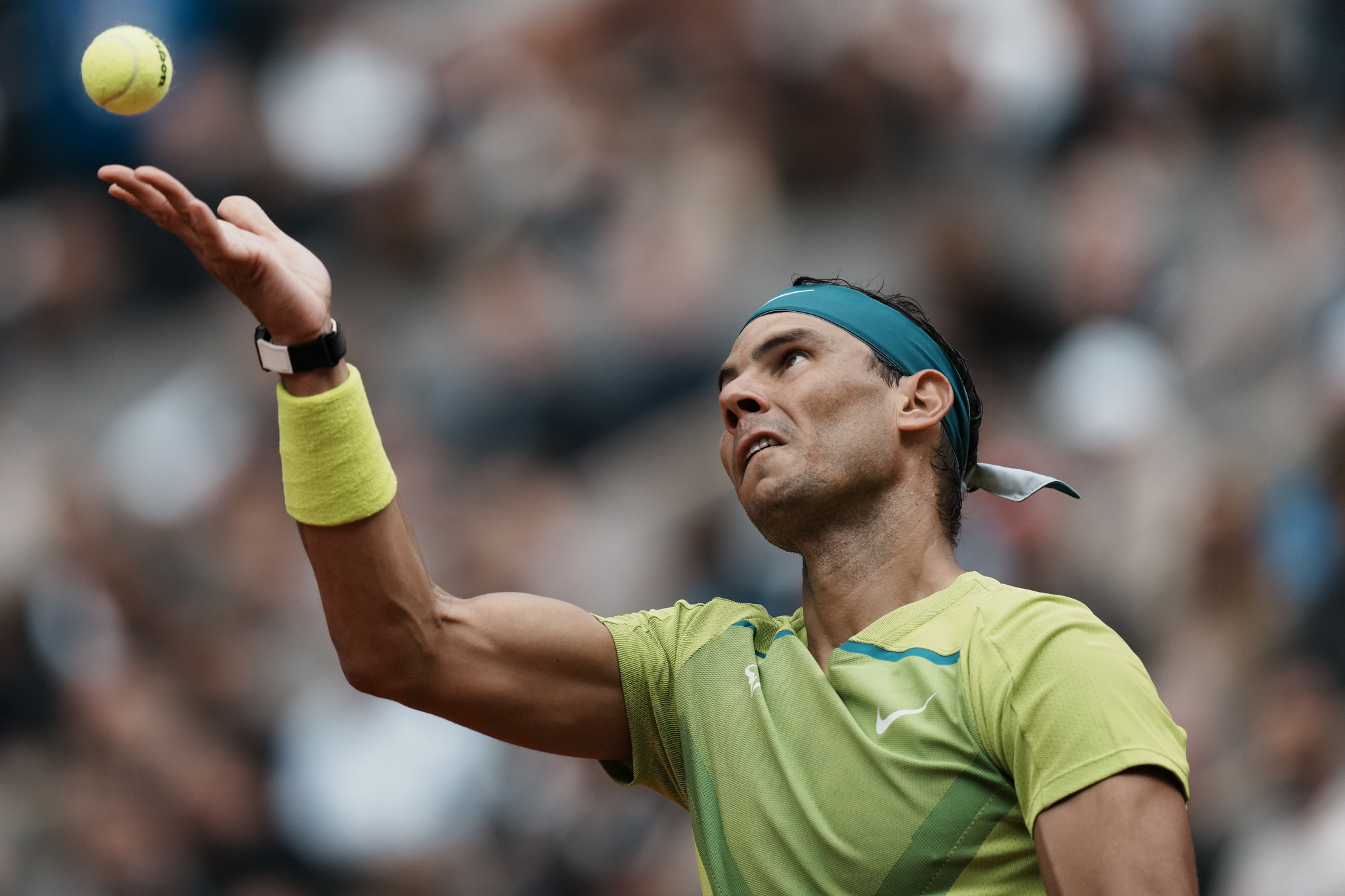 Spain's Rafael  lt;HIT gt;Nadal lt;/HIT gt; serves against Australia's Jordan Thompson during their first round match at the French Open tennis tournament in Roland Garros stadium in Paris, France, Monday, May 23, 2022. (AP Photo/Thibault Camus)