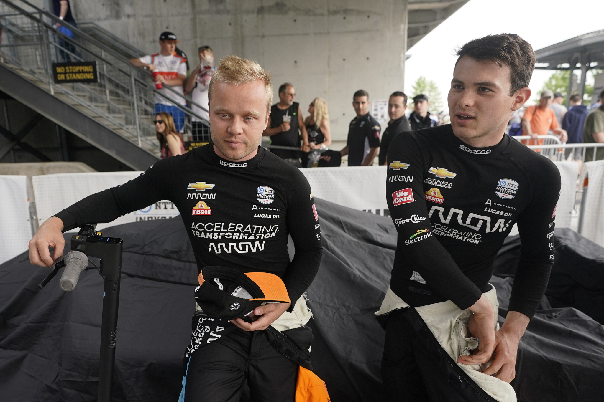 Felix Rosenqvist, left, of Sweden, talks with Pato O'Ward, of Mexico.