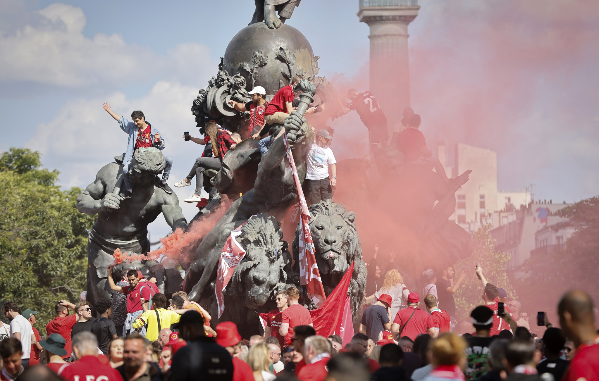 Liverpool supporters gather in Paris, Saturday, May 28, 2022 ahead of Saturday's  lt;HIT gt;Champions lt;/HIT gt;  lt;HIT gt;League lt;/HIT gt; final soccer match between Liverpool and Real Madrid at the Stade de France. (AP Photo/Jean-Francois Badias)