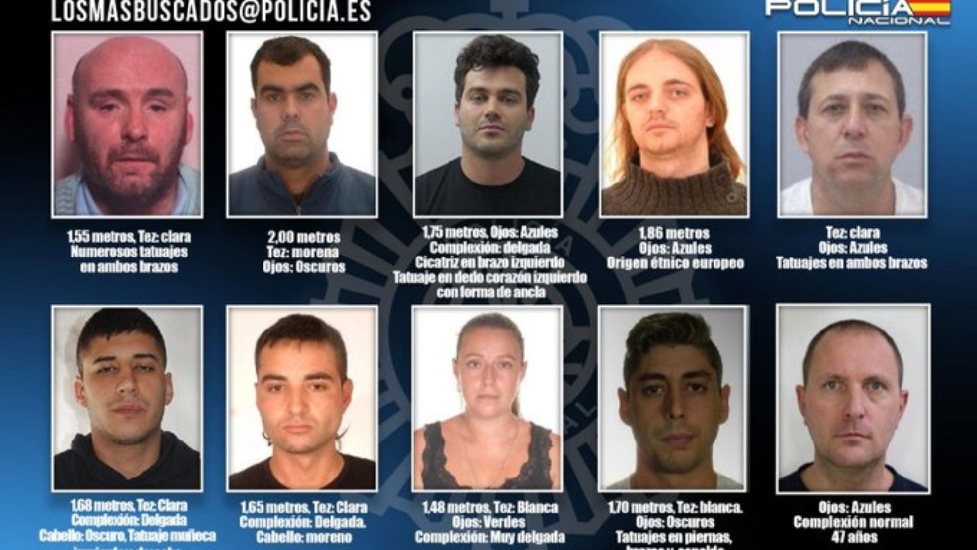 La Polica Nacional pide colaboracin ciudadana para encontrar a los diez fugitivos ms buscados.