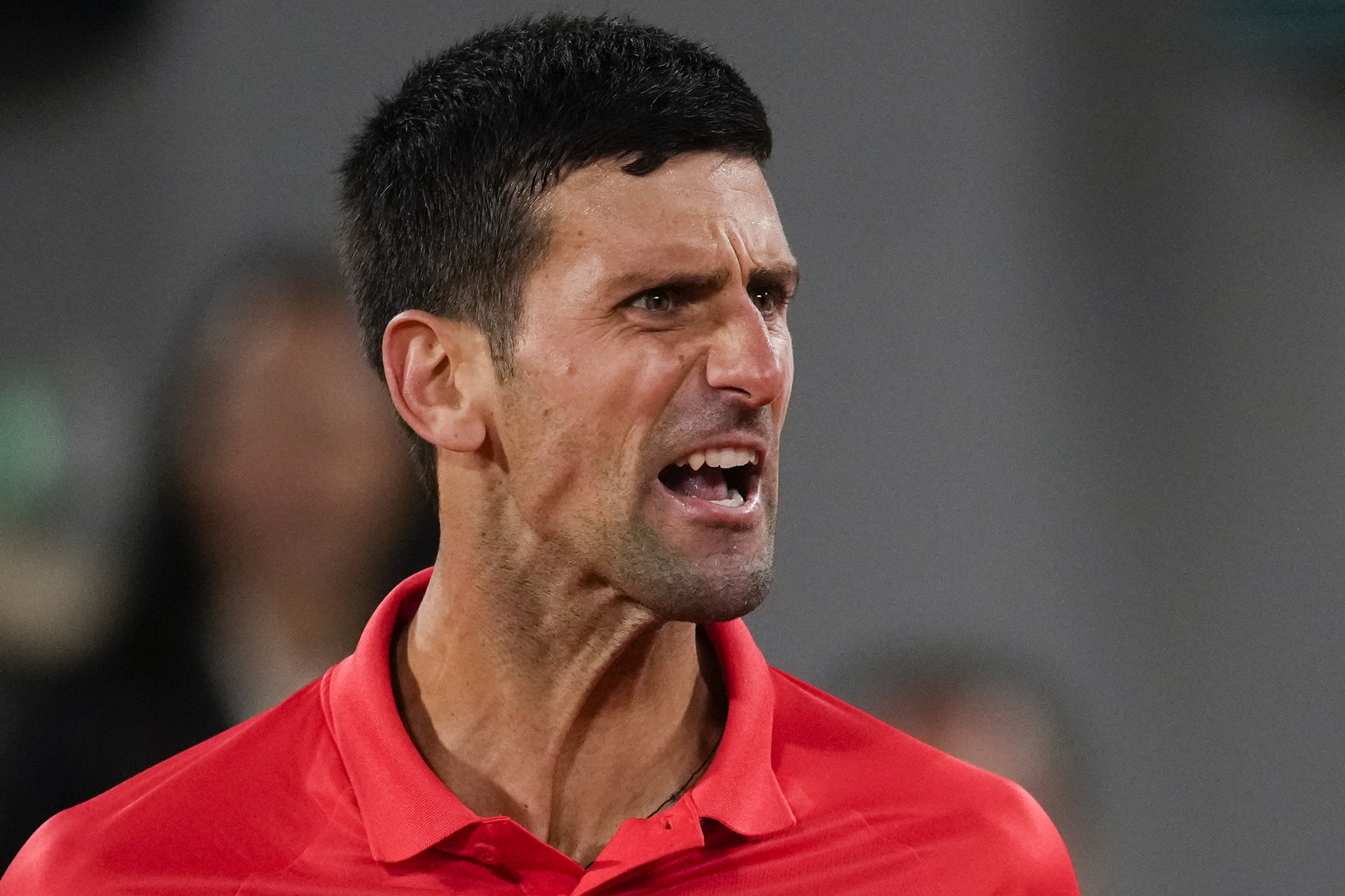 Serbia's Novak  lt;HIT gt;Djokovic lt;/HIT gt; reacts during his quarterfinal match against Spain's Rafael Nadal at the French Open tennis tournament in Roland Garros stadium in Paris, France, Tuesday, May 31, 2022. (AP Photo/Christophe Ena)