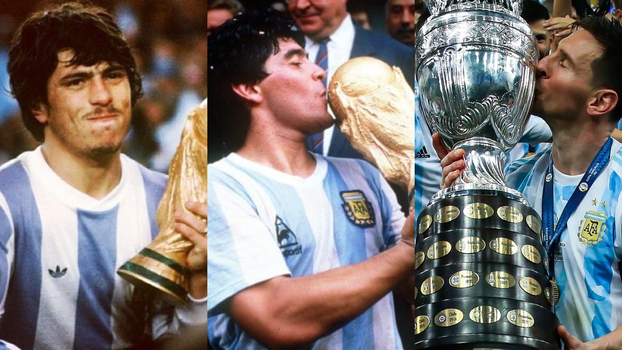 Passarella, Maradona y Messi besando las copas del Mundo y la de América.