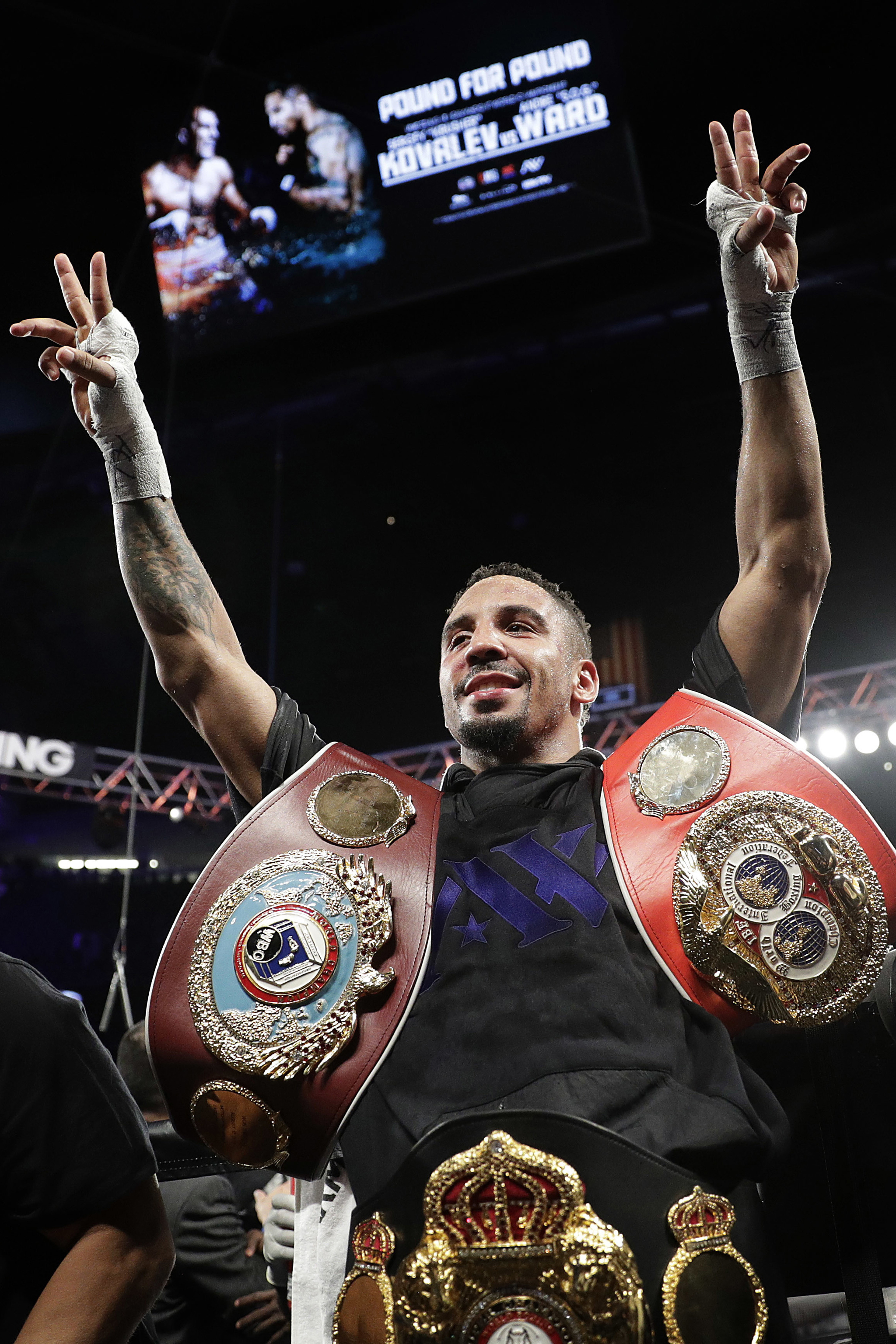 Andre Ward celebrates after defeating Sergey Kovalev, of Russia, in a light heavyweight boxing bout.