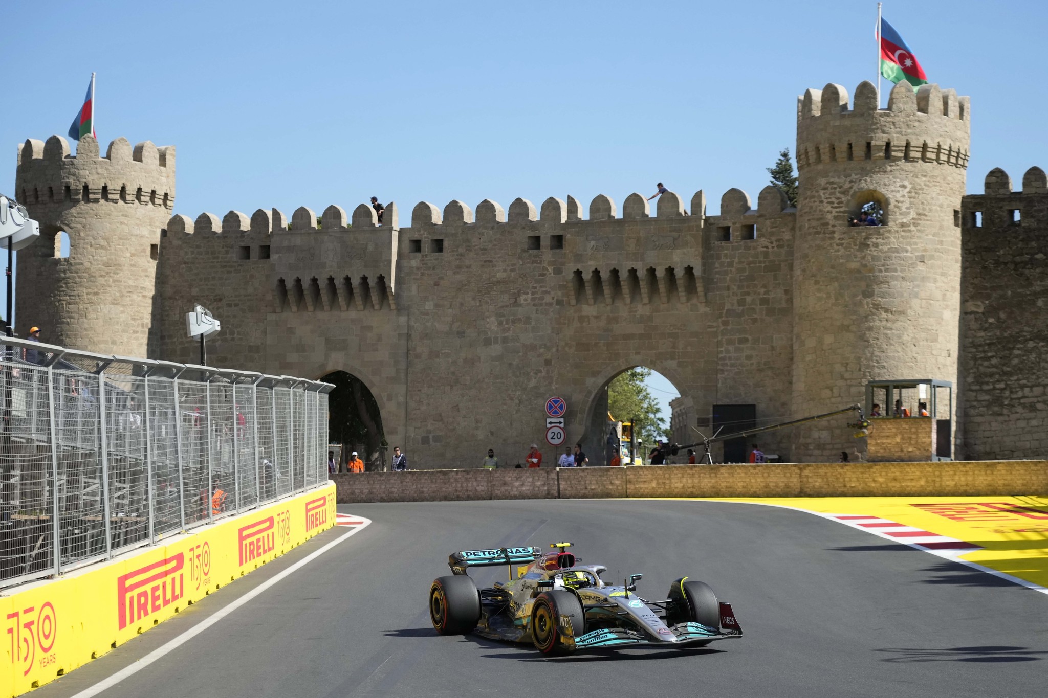 Lewis Hamilton steers his car during the first free practice at the Baku circuit.