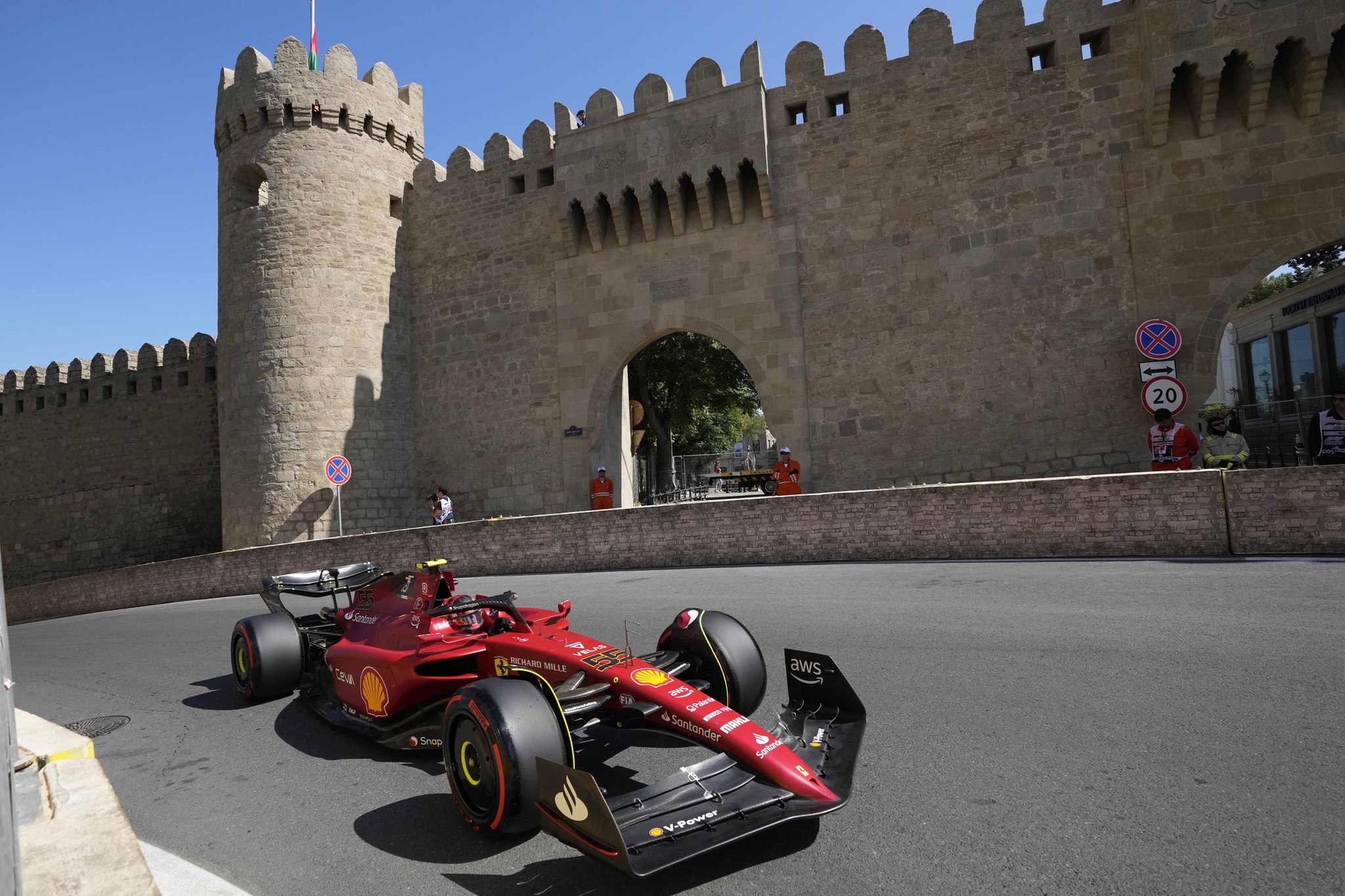 Ferrari driver lt;HIT gt;Carlos lt;/HIT gt; lt;HIT gt;Sainz lt;/HIT gt; of Spain steers his car during the first free practice at the Baku circuit, in Baku, Azerbaijan, Friday, June 10, 2022. The Formula One Grand Prix will be held on Sunday. (AP Photo/Sergei Grits)