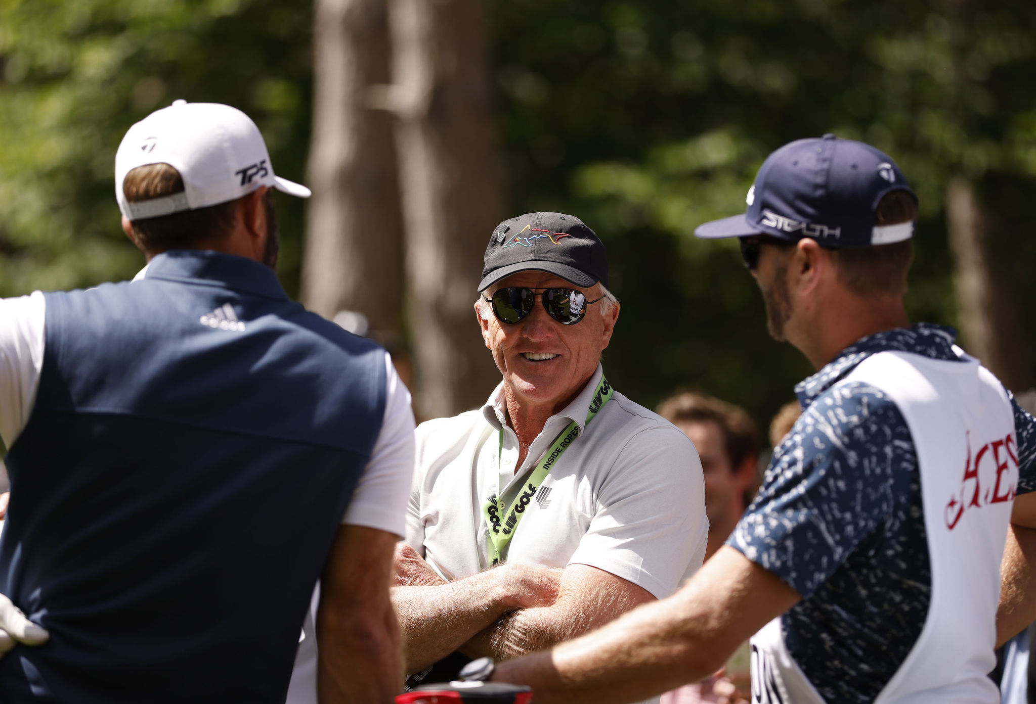 LIV Golf chief Greg Norman smiles as he stands on the course during day two of the LIV Golf Invitational Series.