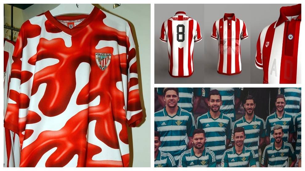 La camiseta ketchup del Athletic; la contracamiseta del Atlético y la de rayas horizontales del Betis.