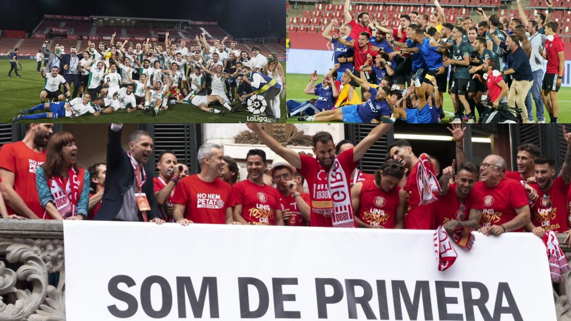 La celebración de los ascensos a Primera de los tres últimos sextos: Elche (2019-20), Rayo (2020-21) y Girona (2021-22)