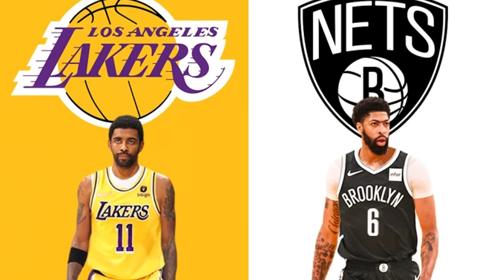 Así les quedarían las camisetas de Lakers y Nets a Irving y Davis, respectivamente.