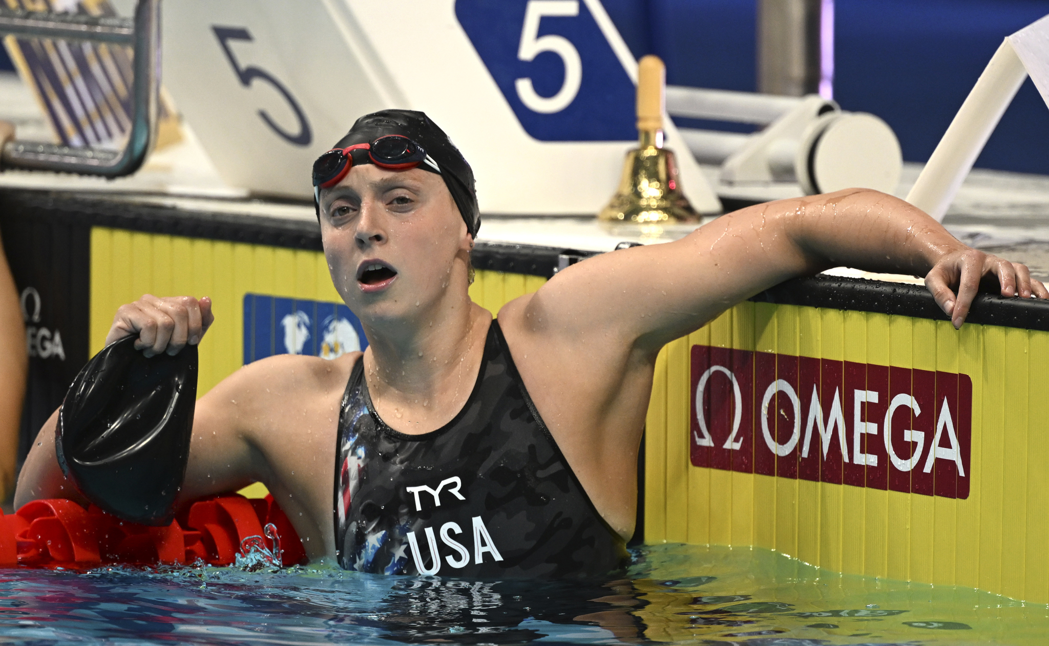 Katie Ledecky of the United States reacts after the Women 800m Freestyle final.