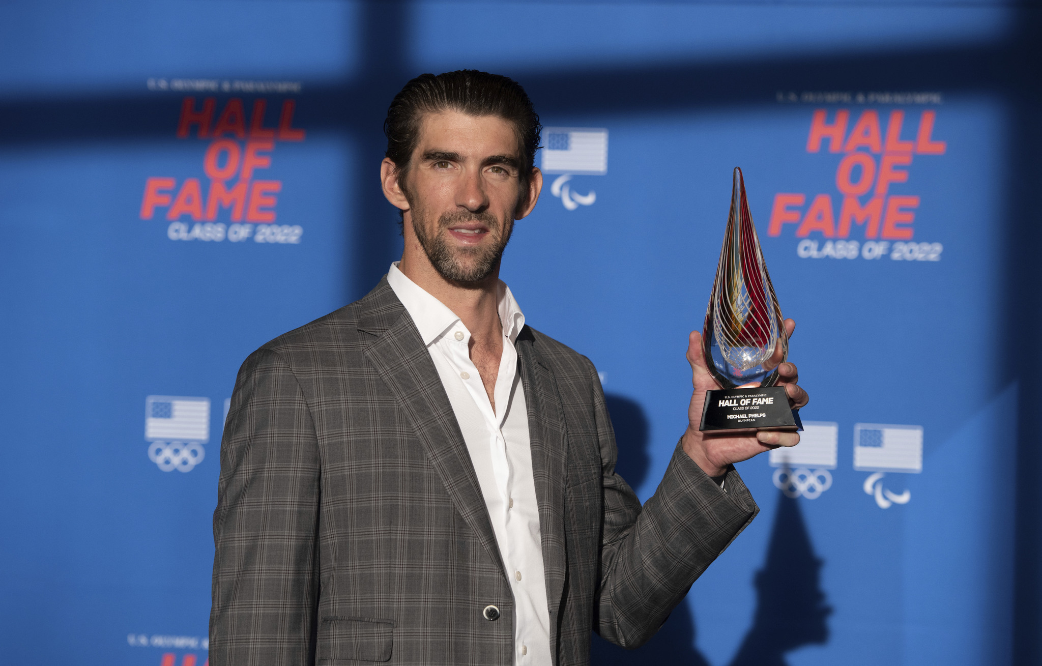 Michael Phelps attends the U.S. Olympic and Paralympic Hall of Fame induction ceremony in Colorado Springs.