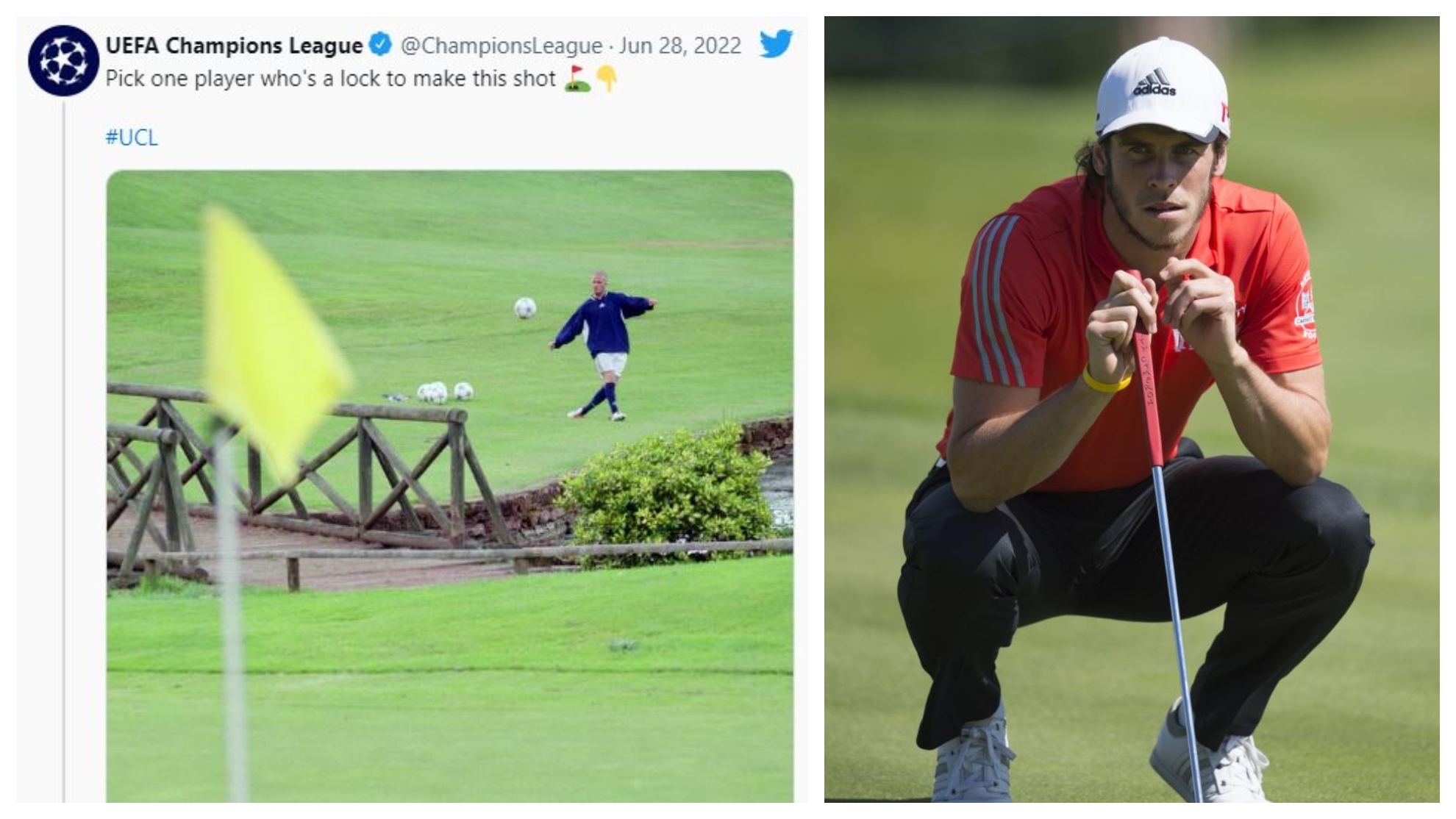 Un montaje con una imagen del tuit de la cuenta de la Champions League y otra de Bale jugando al golf.