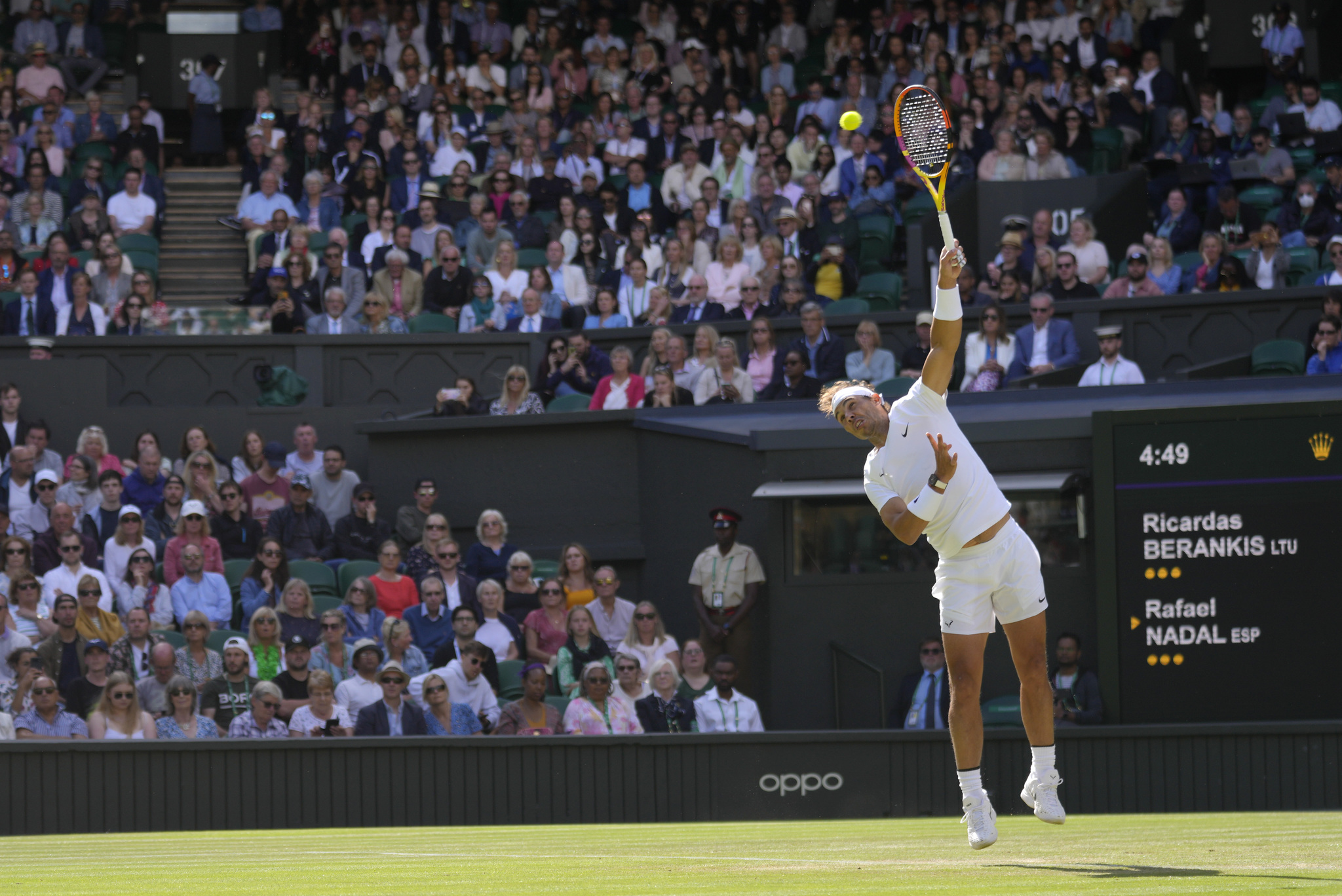 Spain's Rafael  lt;HIT gt;Nadal lt;/HIT gt; serves to Lithuania's Ricardas Berankis in a second round men's singles match on day four of the Wimbledon tennis championships in London, Thursday, June 30, 2022. (AP Photo/Kirsty Wigglesworth)